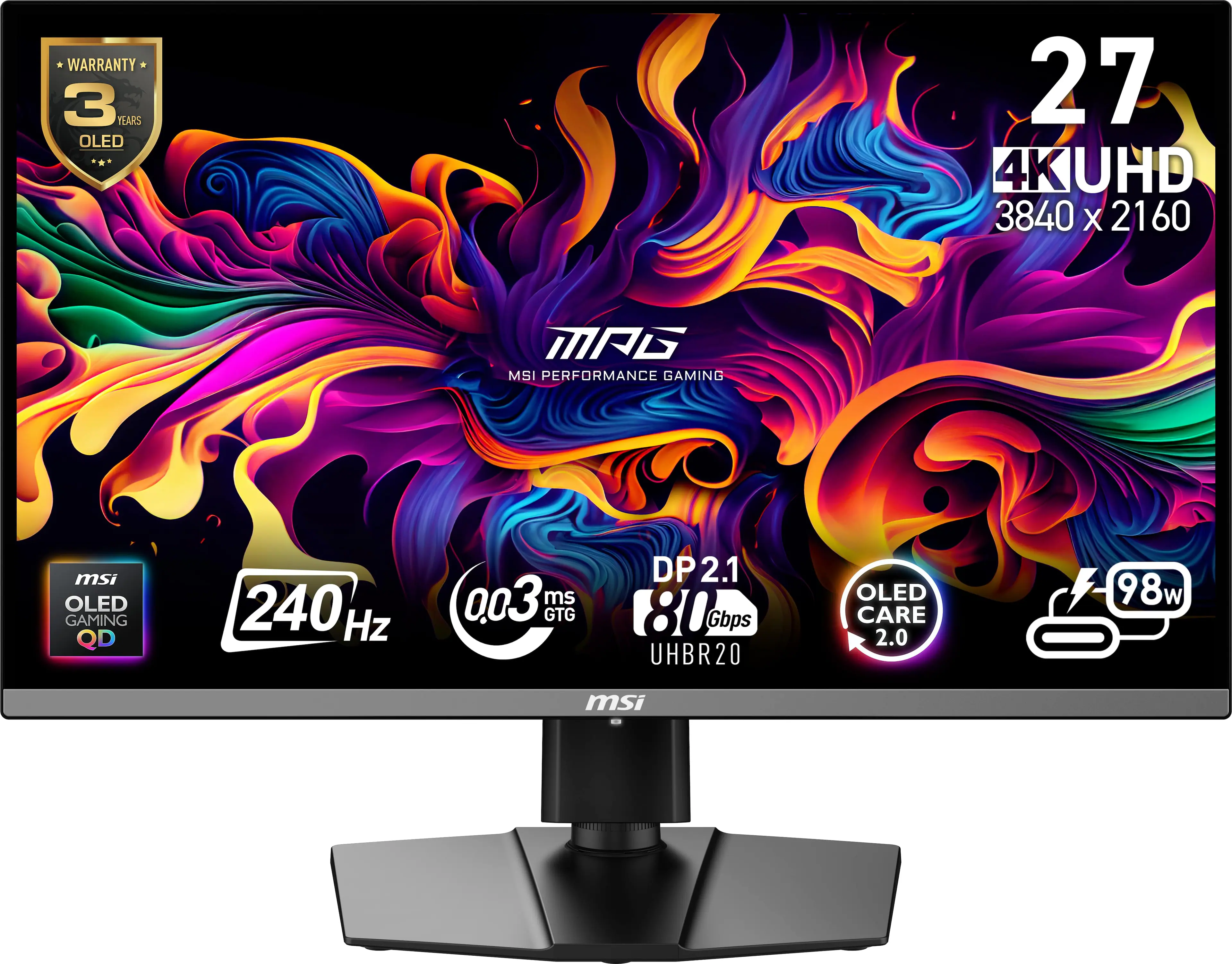 MSI - MPG 272URX QD-OLED 27" Quantum Dot OLED QHD 240Hz 0.03ms FreeSyncPremium Monitor with HDR400 (DisplayPort, HDMI, USB) - Black