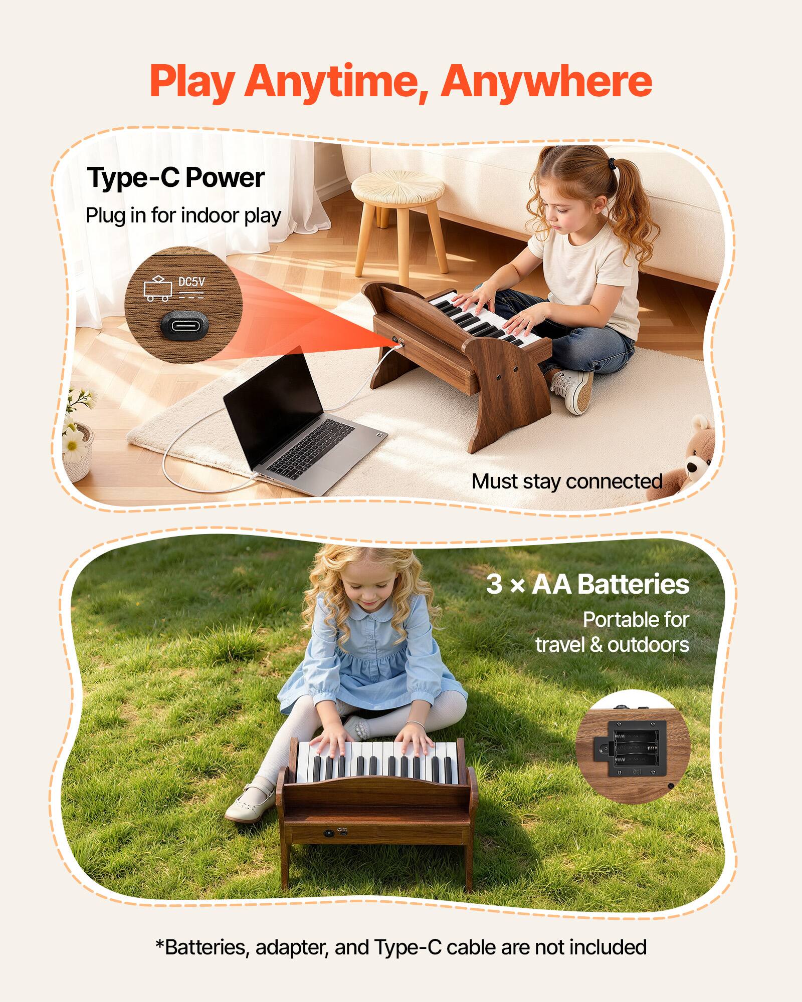 Play Anytime, Anywhere

Type-C Power  
Plug in for indoor play  
Must stay connected

3 x AA Batteries  
Portable for travel & outdoors

*Batteries, adapter, and Type-C cable are not included