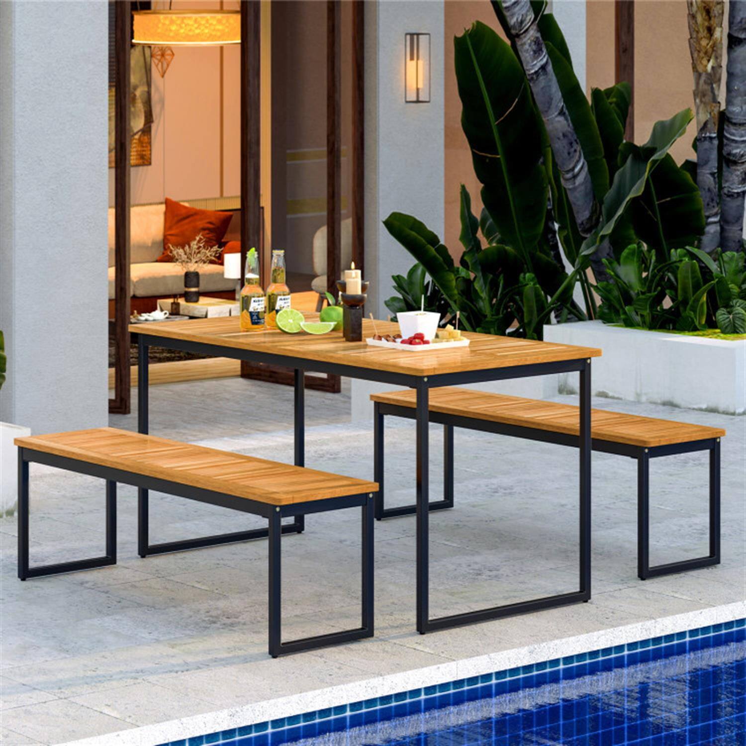 Angle. Pefilos - Patio Outdoor Bench Open-Back with Slatted Seat and Metal Legs, Dining Bench for Garden Pool Area Balcony, Beige - Beige.