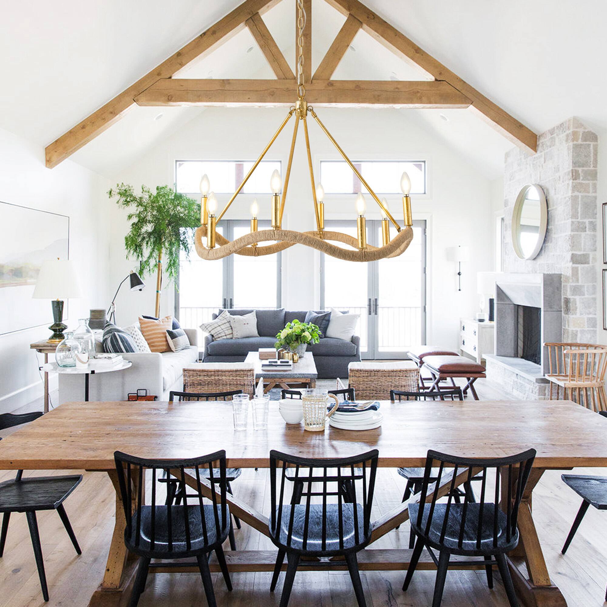 Back. Parrot Uncle - 27.6 in. 8-Light Modern Farmhouse Gold Natural Jute Large Candle Chandelier - Gold.