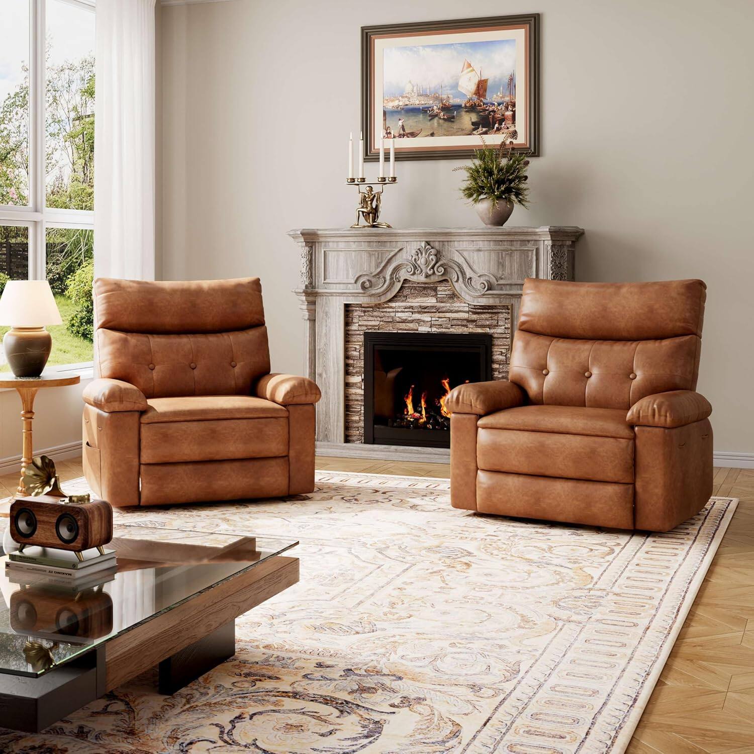 Alt View 3. Acekool - Oversized PU Leather Recliner Chair - Extra Plush 1.5X Thick Cushion Manual Reclining Chair - Brown.