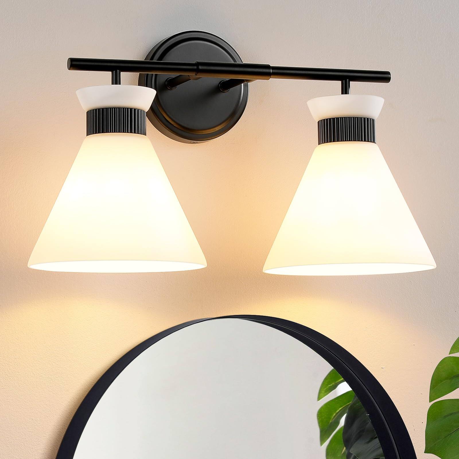 Alt View 5. Comfort Essence - Bathroom Vanity Light Fixtures Lighting Fixtures Over Mirror Inch With Milky Frosted Glass s Mid Century Mo - Black 2-Light.