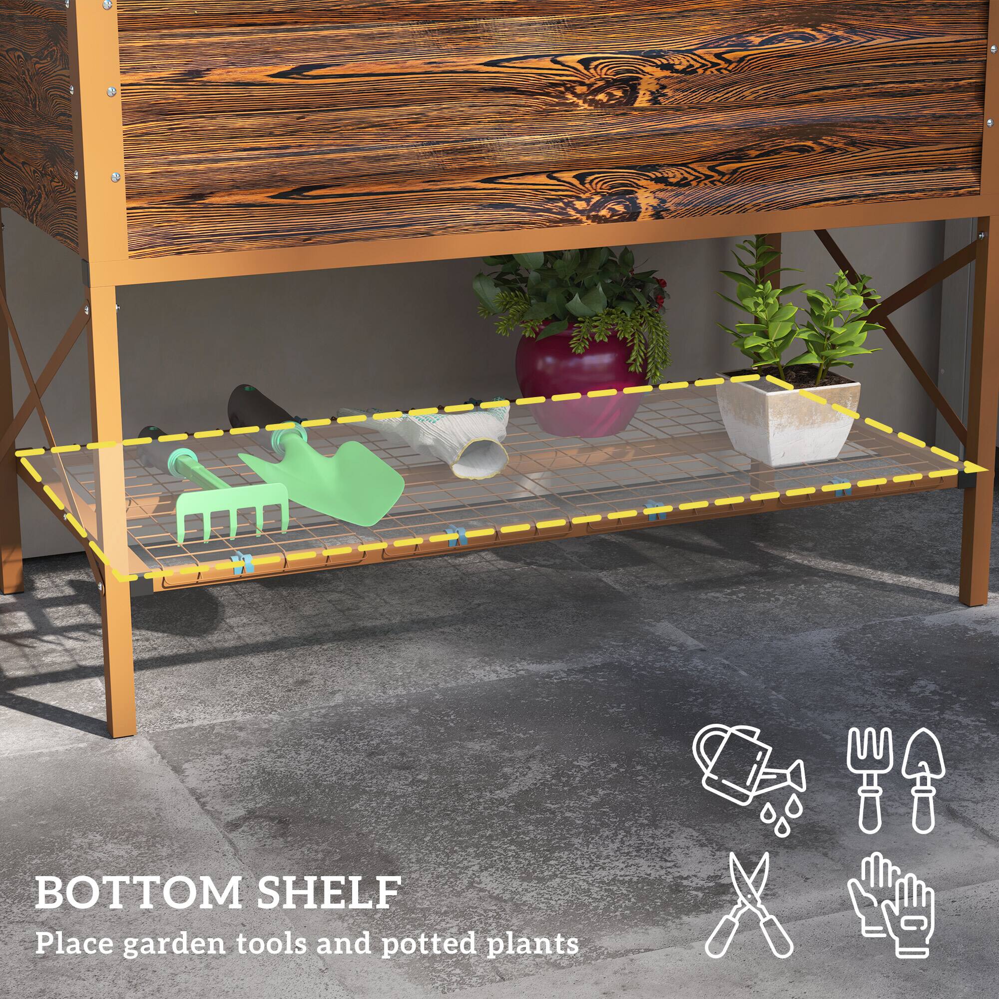 BOTTOM SHELF  
Place garden tools and potted plants