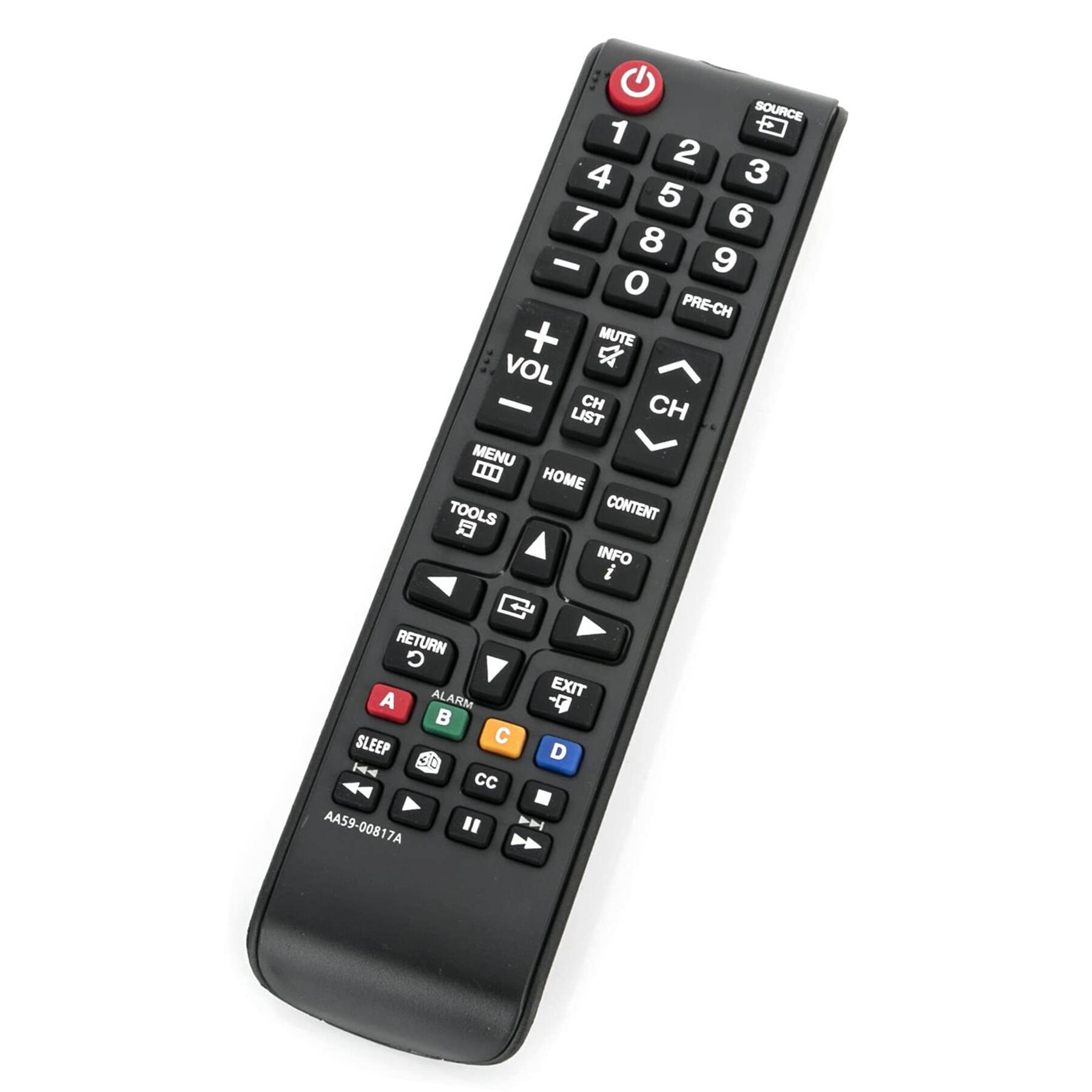 SOURCE 1 2 3 4 5 6 7 8 9 0 PRE-CH MUTE VOL + - CH CH LIST MENU HOME TOOLS CONTENT INFO RETURN ALARM EXIT A B C D SLEEP CC AA59-00817A