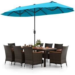 Costway - 11 PCS Patio Wicker Dining Set with Double-Sided Outdoor Umbrella 8 Stackable Chairs - Turquoise + Mix Brown + Beige