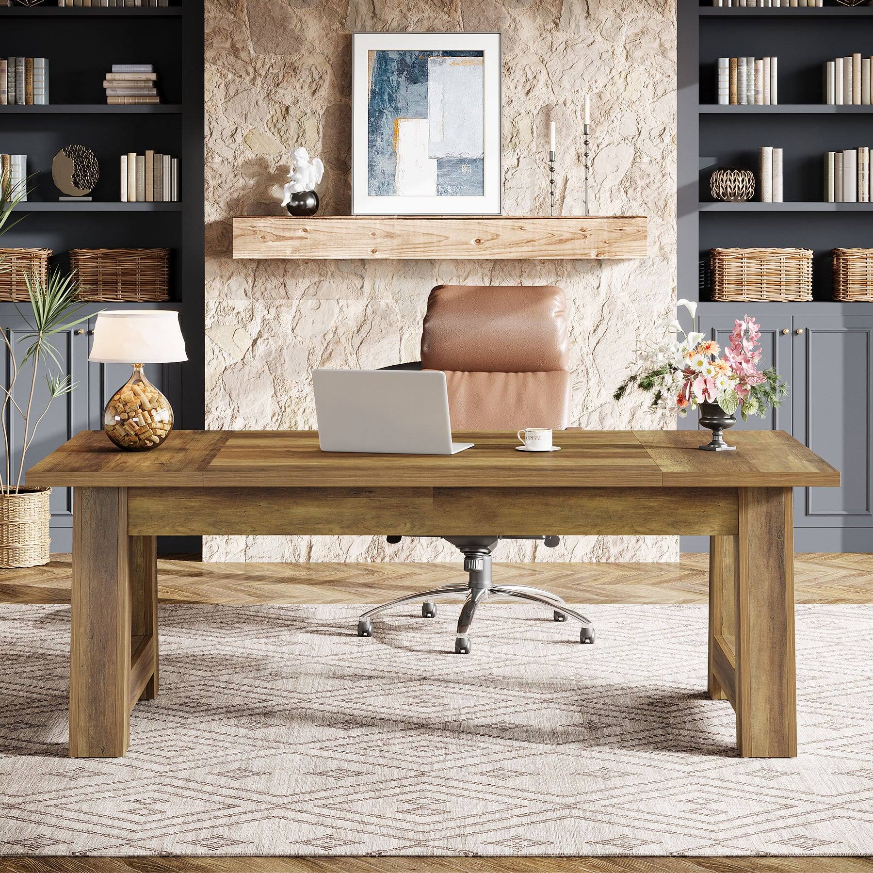 Alt View 1. Tribesigns - Office Executive Desk with Engineered Wood Construction, Square Top, for Computer Work and Writing in Home Offices - Brown.