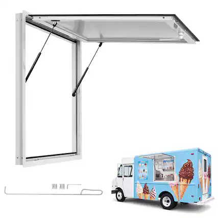 Front. VEVOR - Concession Window 36x36 in Aluminum Alloy Frame Service Window, for Food Truck, Up to 85 Degrees Stand Serving - White.