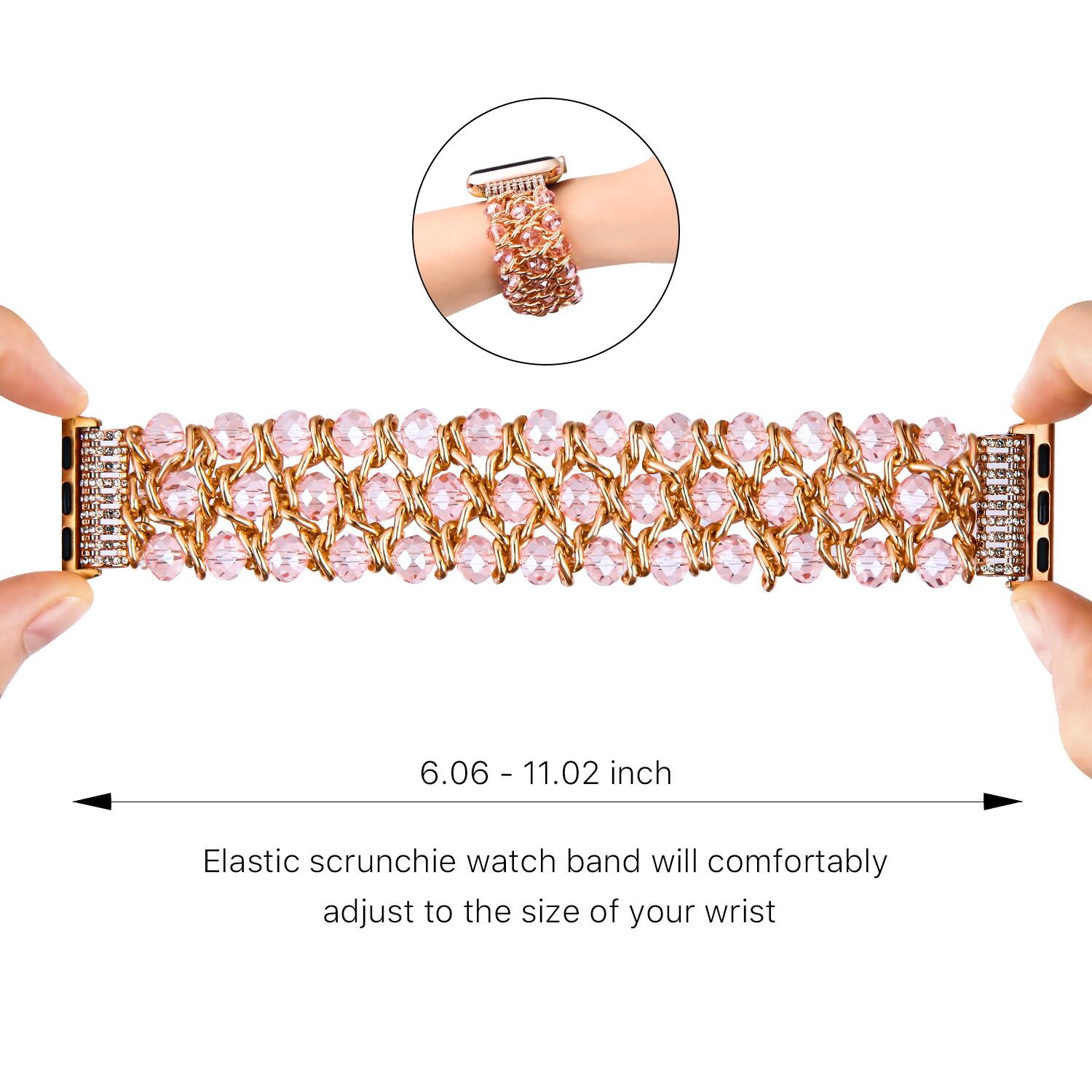 6.06 - 11.02 inch

Elastic scrunchie watch band will comfortably adjust to the size of your wrist