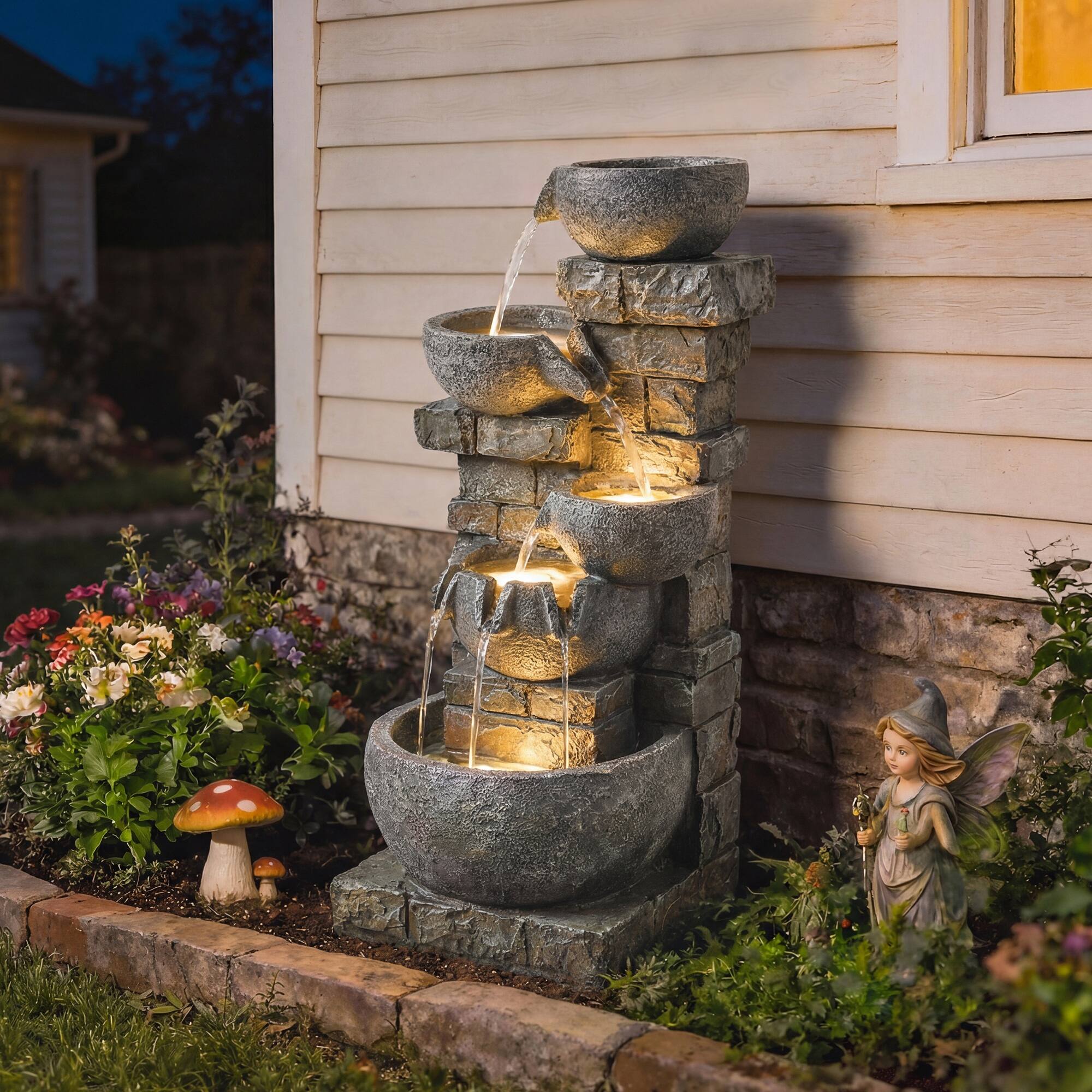 Alt View 1. Outsunny - Outdoor Water Fountain with Warm LED Lights, 31.5" Tall 5 Tiers Outdoor Cascading Water Feature.