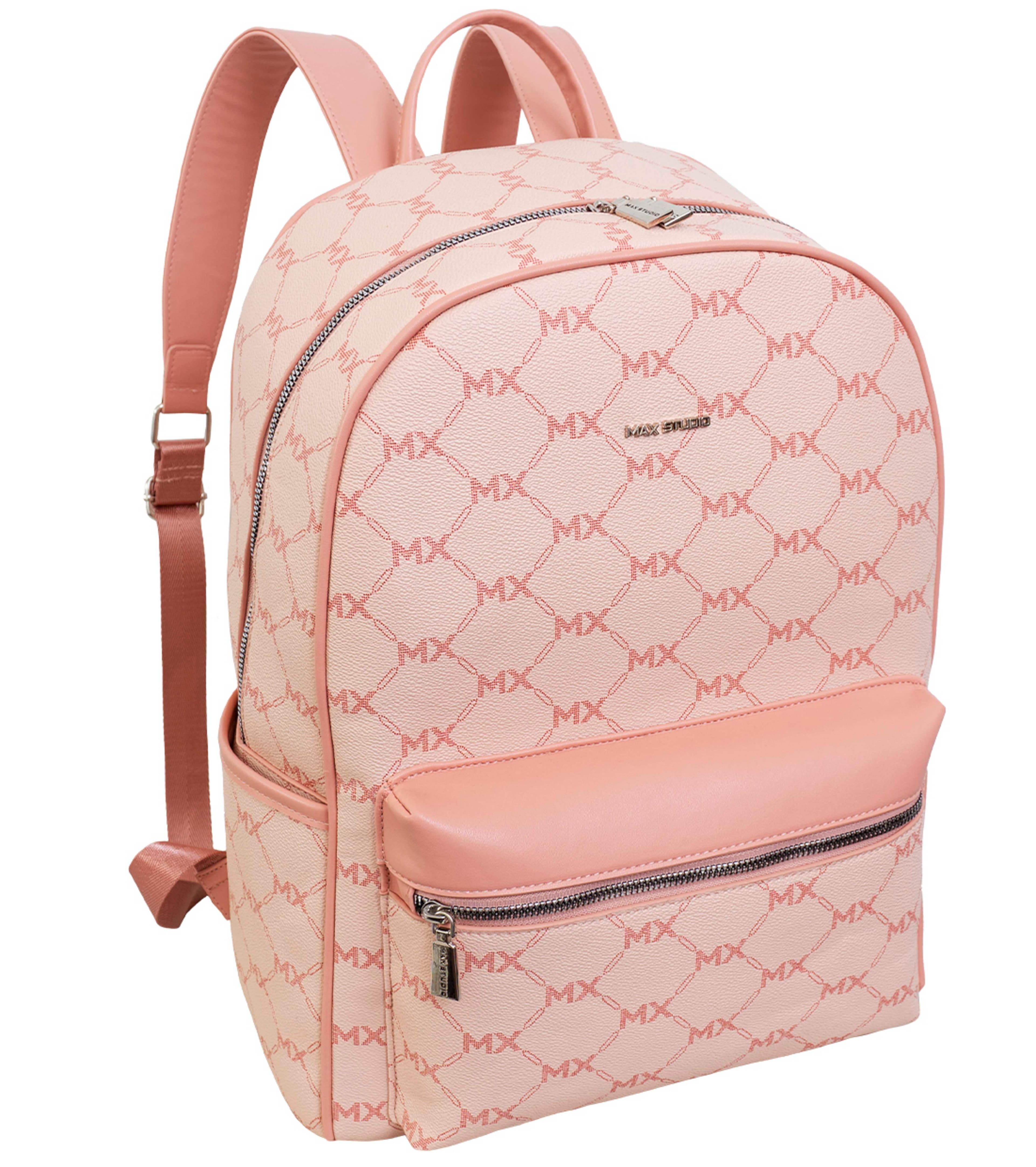 Max Studio - 17 Inch Pebble Grain Signature Print Backpack - Blush