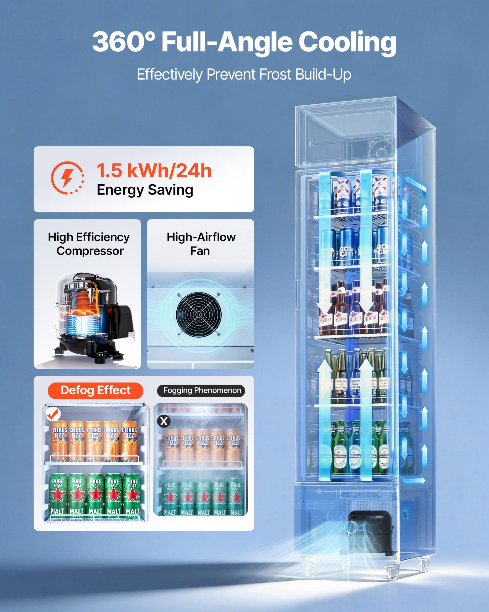 360° Full-Angle Cooling Effectively Prevent Frost Build-Up

1.5 kWh/24h Energy Saving

High Efficiency Compressor

High-Airflow Fan

Defog Effect

Fogging Phenomenon

CITRUS FIZZ

PURE MALT