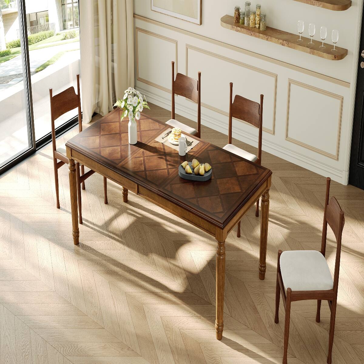 Angle. Loheer - Loheer Traditional Rectangular Dining Table Walnut Diamond Parquet Top 78.7 Inch - Walnut.