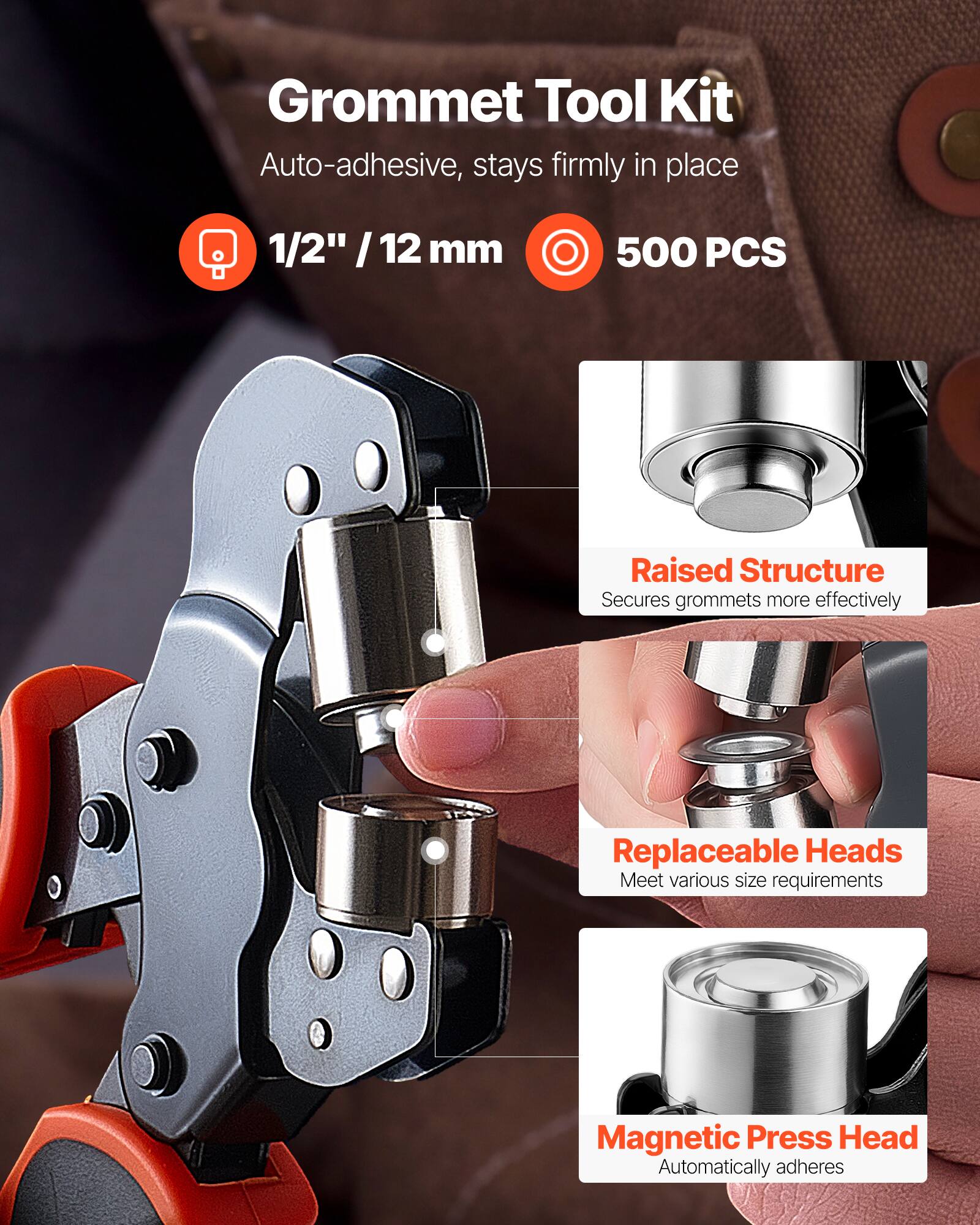 Grommet Tool Kit Auto-adhesive, stays firmly in place 1/2" / 12 mm 500 PCS Raised Structure Secures grommets more effectively Replaceable Heads Meet various size requirements Magnetic Press Head Automatically adheres