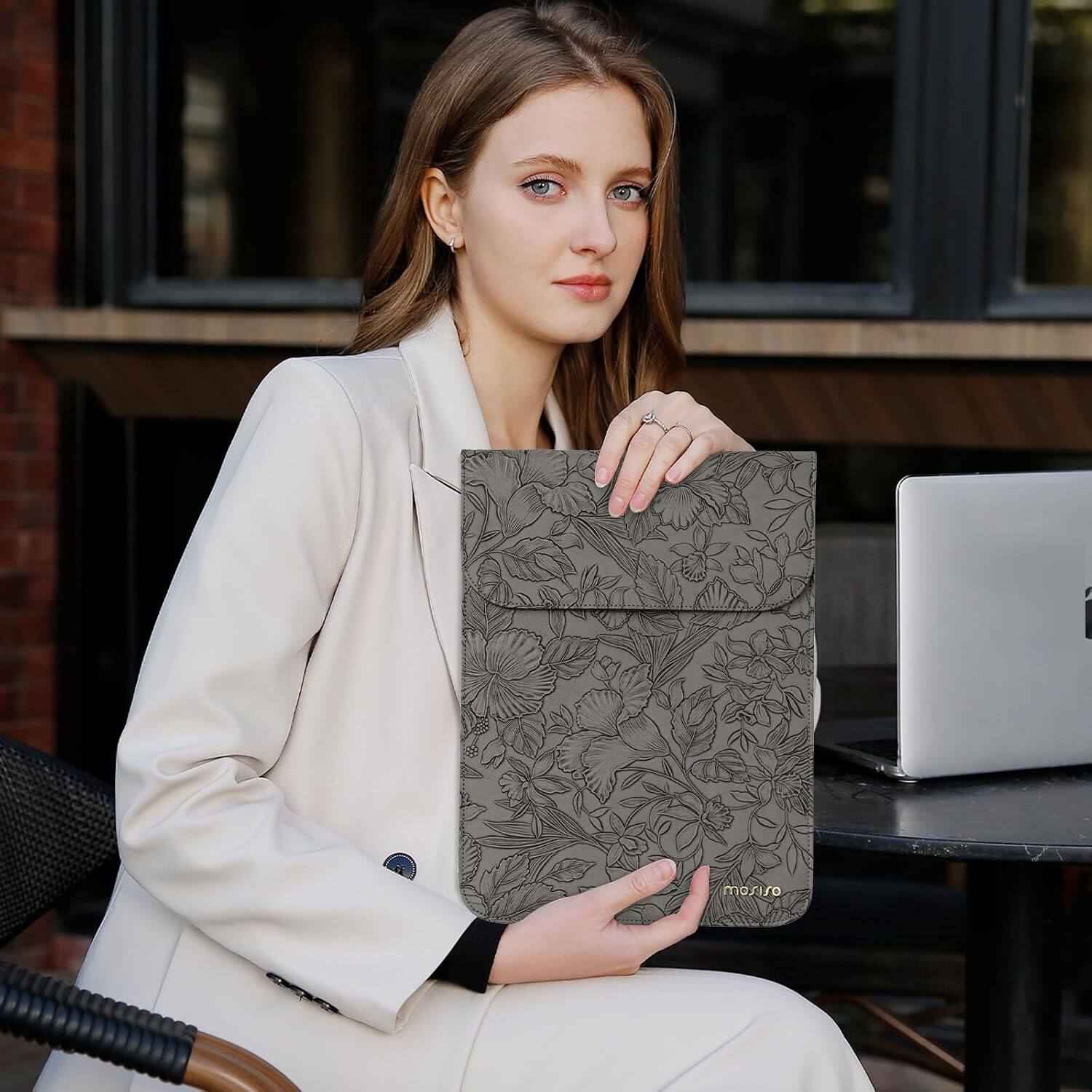 Alt View 1. mosiso - Embossed Hibiscus PU Leather Laptop Sleeve 13 Inch with Accessory Pouch for MacBook Neo 13/Air Pro 13 14 M5 M4 M3 M2 M1 - Gray.
