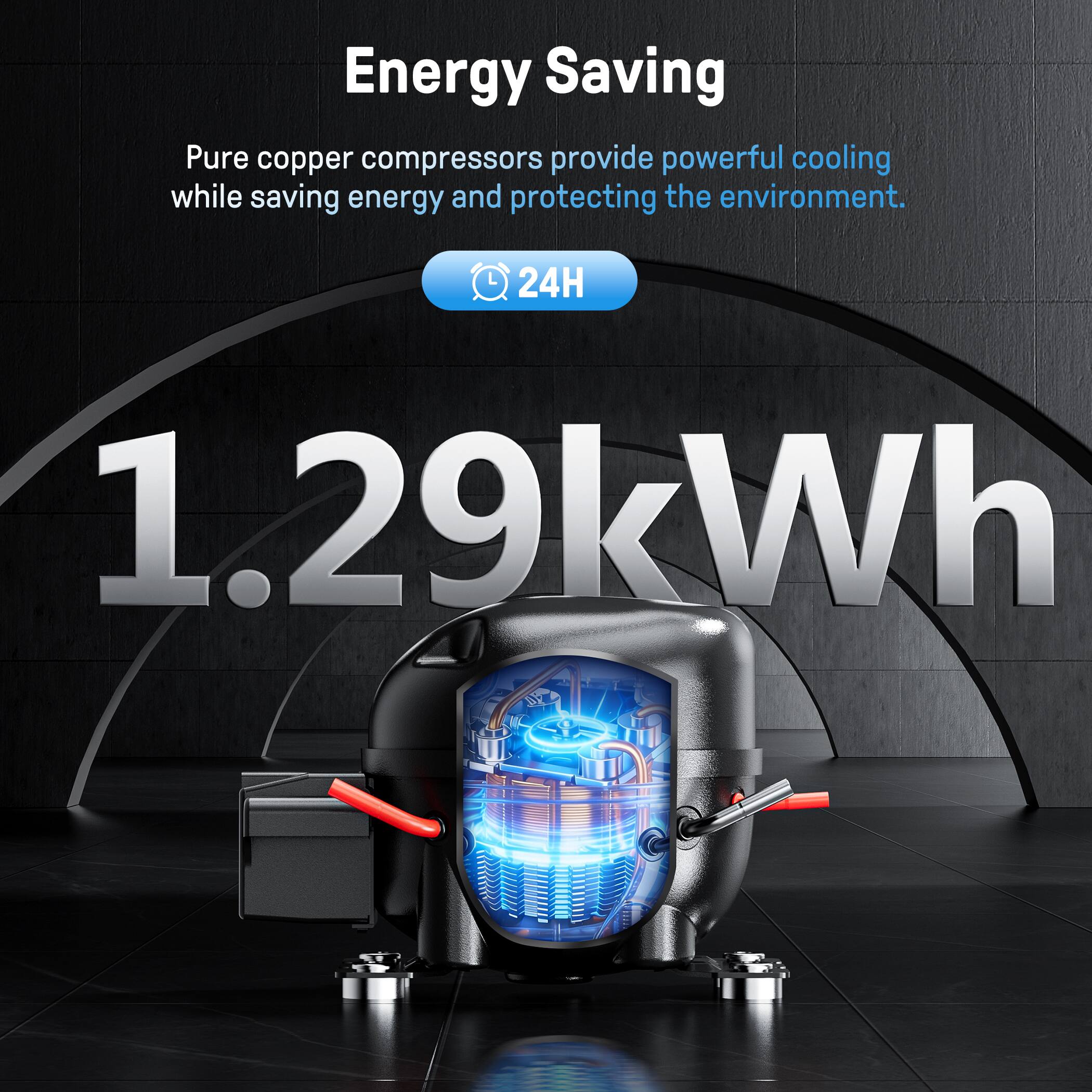 Energy Saving

Pure copper compressors provide powerful cooling while saving energy and protecting the environment.

24H

1.29kWh