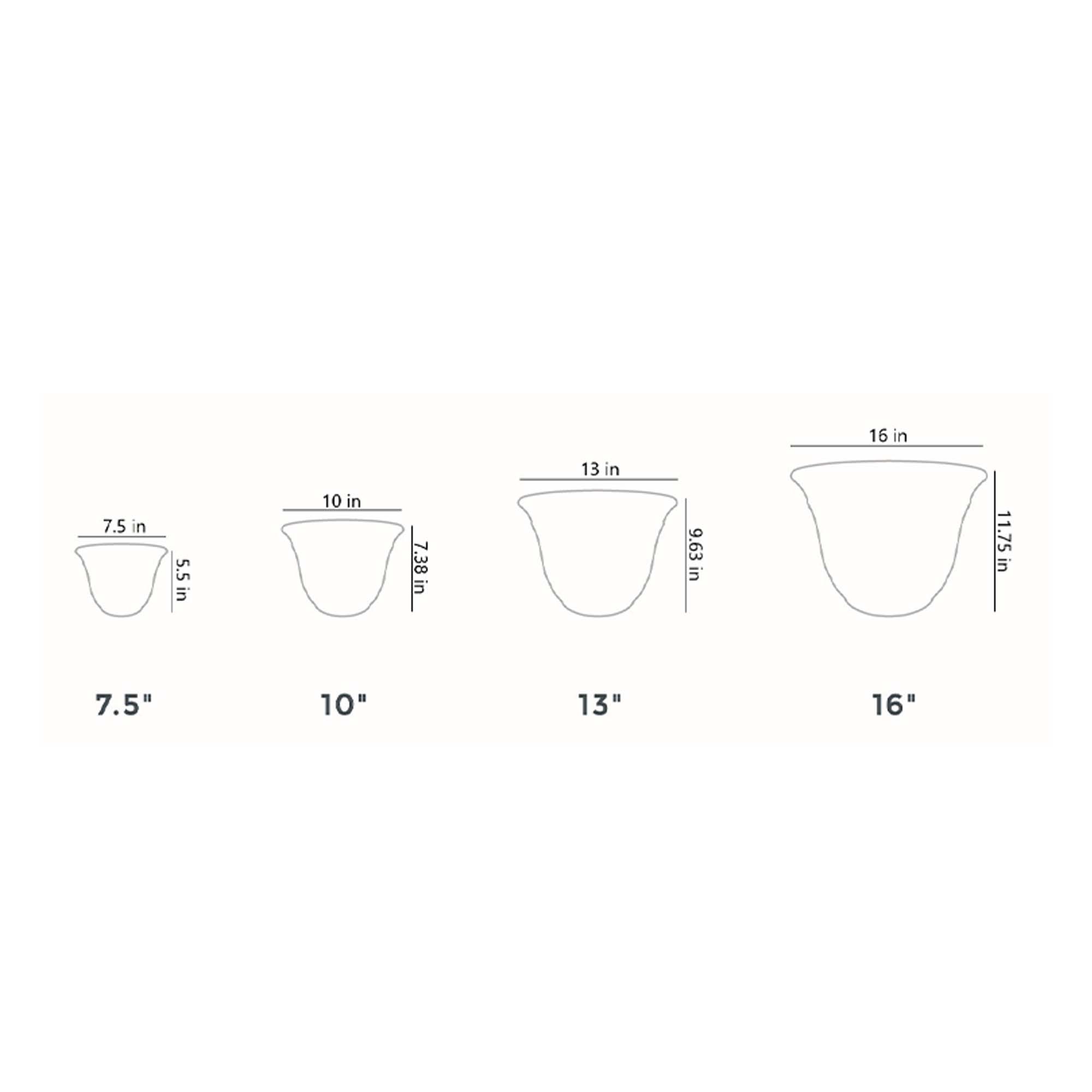 7.5 in  
5.5 in  
10 in  
7.38 in  
13 in  
9.63 in  
11.75 in  
16 in  

7.5"  
10"  
13"  
16"