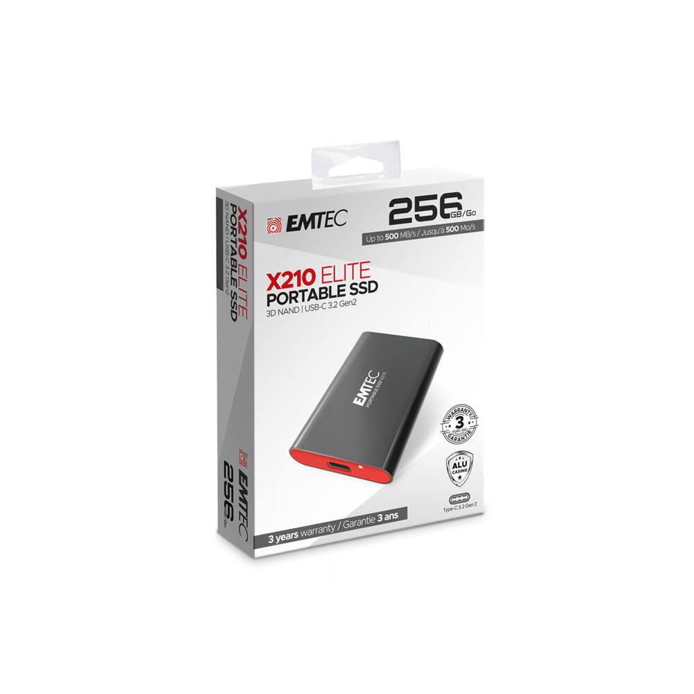 EMTEC X210 ELITE PORTABLE SSD 256 GB/Go  
Up to 500 MB/s  
3D NAND | USB-C 3.2 Gen2  
3 years warranty
