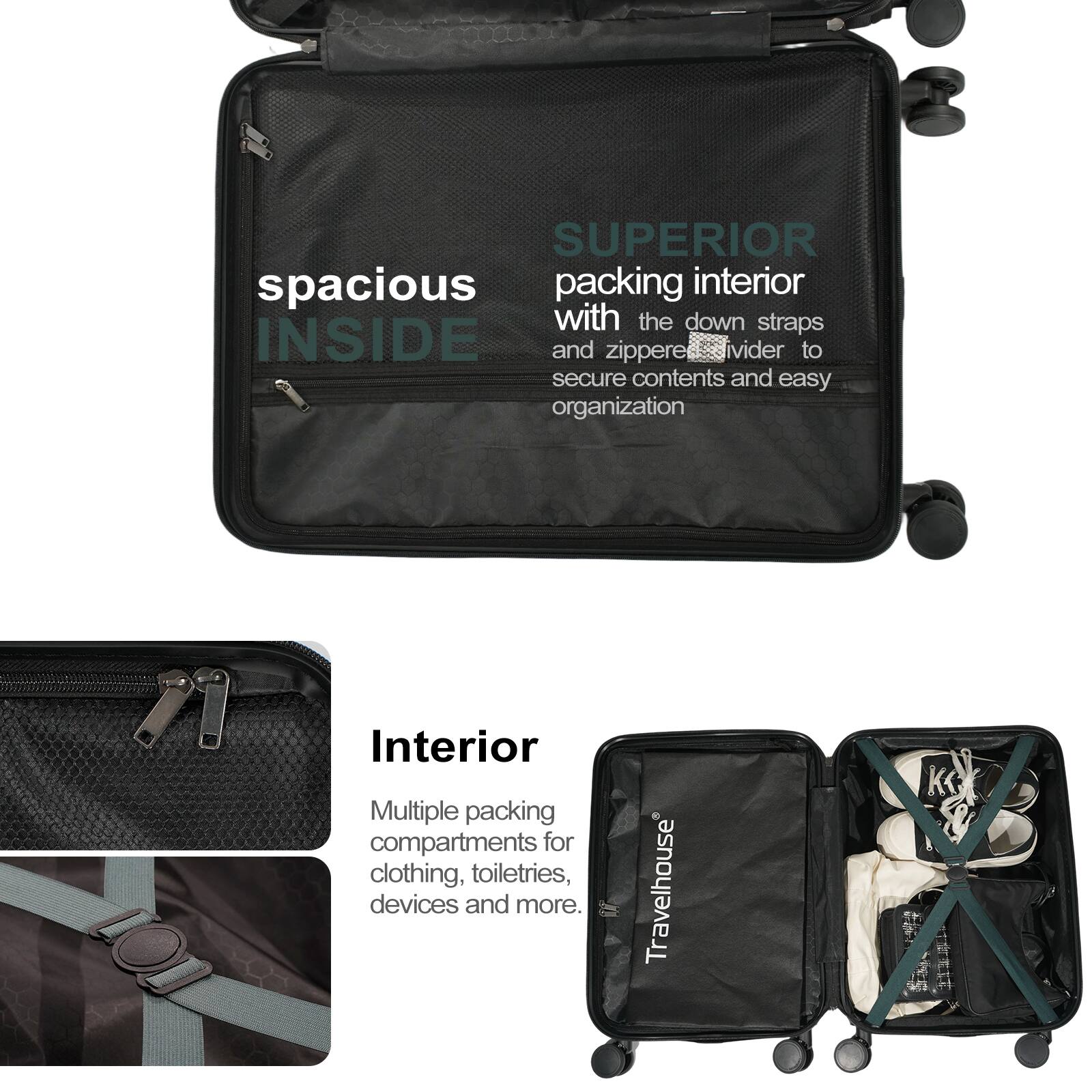 SUPERIOR spacious packing interior with the down straps INSIDE and zipper divider to secure contents and easy organization

Interior
Multiple packing compartments for clothing, toiletries, devices and more.