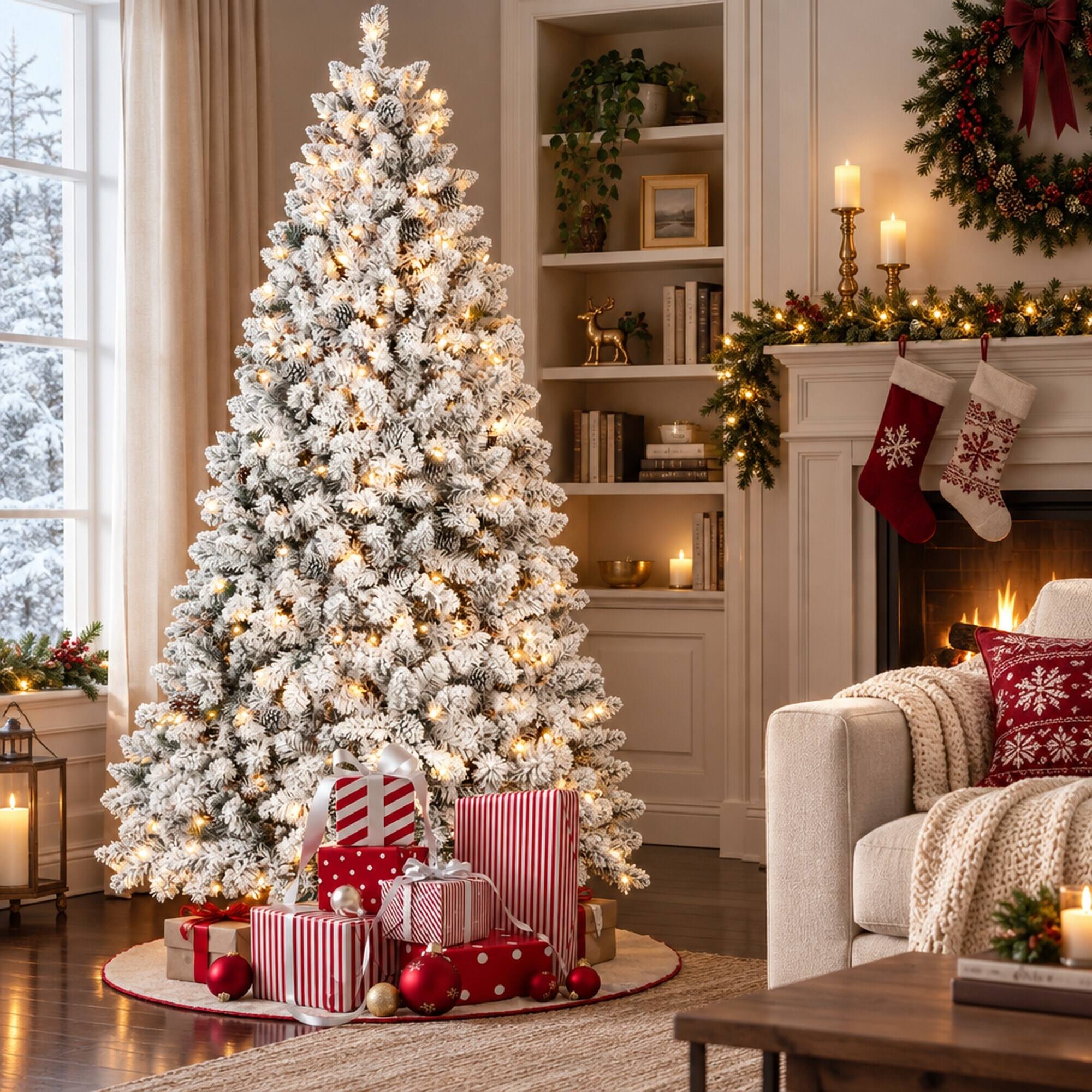 Left. RYHNUYNE - 4.5FT Flocked Pre-Lit Christmas Tree With 250 Lights and 24 Pine Cones, 498 Snowy Tips and Metal Stand - Green,White.