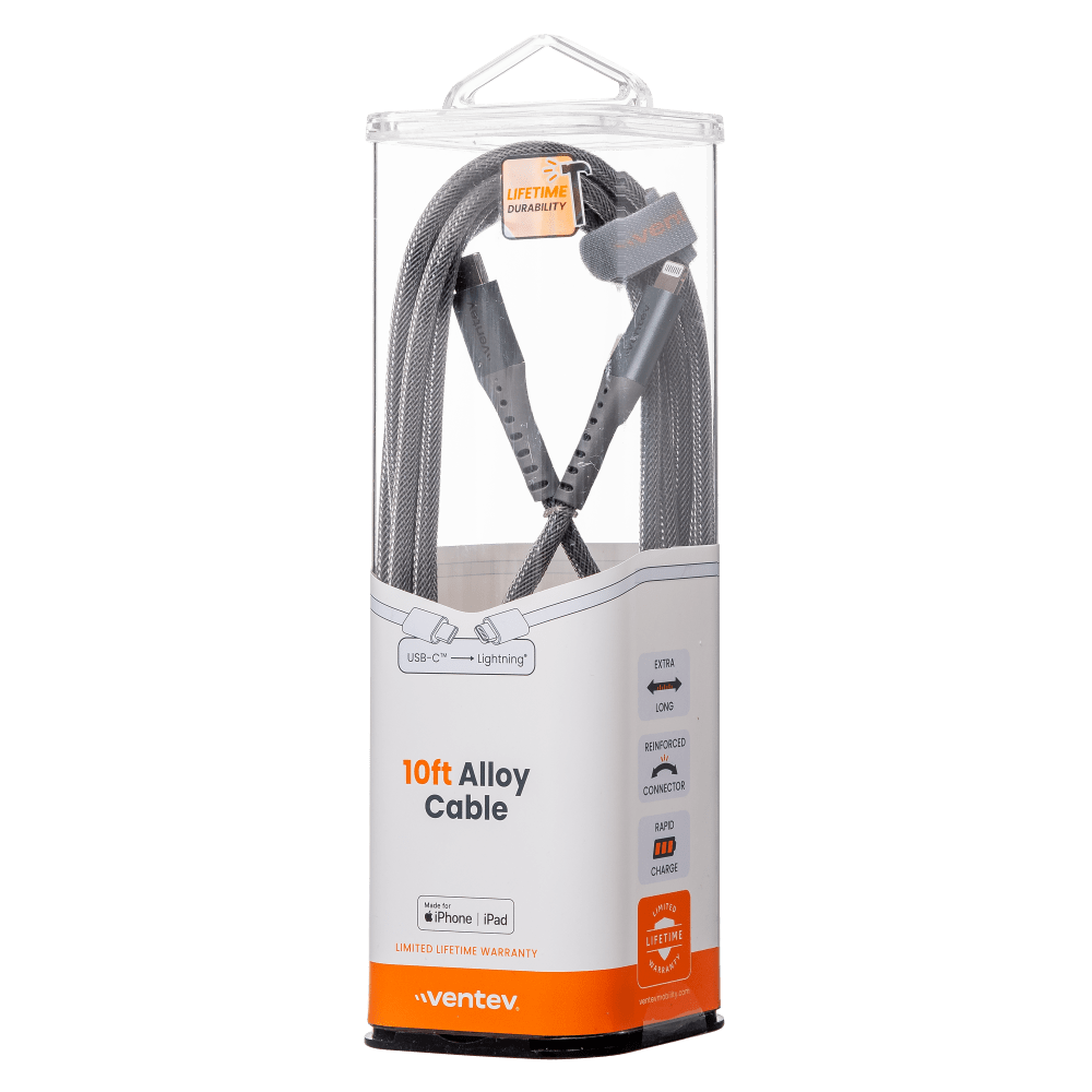 LIFETIME DURABILITY  
USB-C Lightning DTRA JONG 10ft Alloy Cable  
REINFORCED CONNECTOR  
RAPID CHARGE  
LIMITED LIFETIME WARRANTY  
ventev