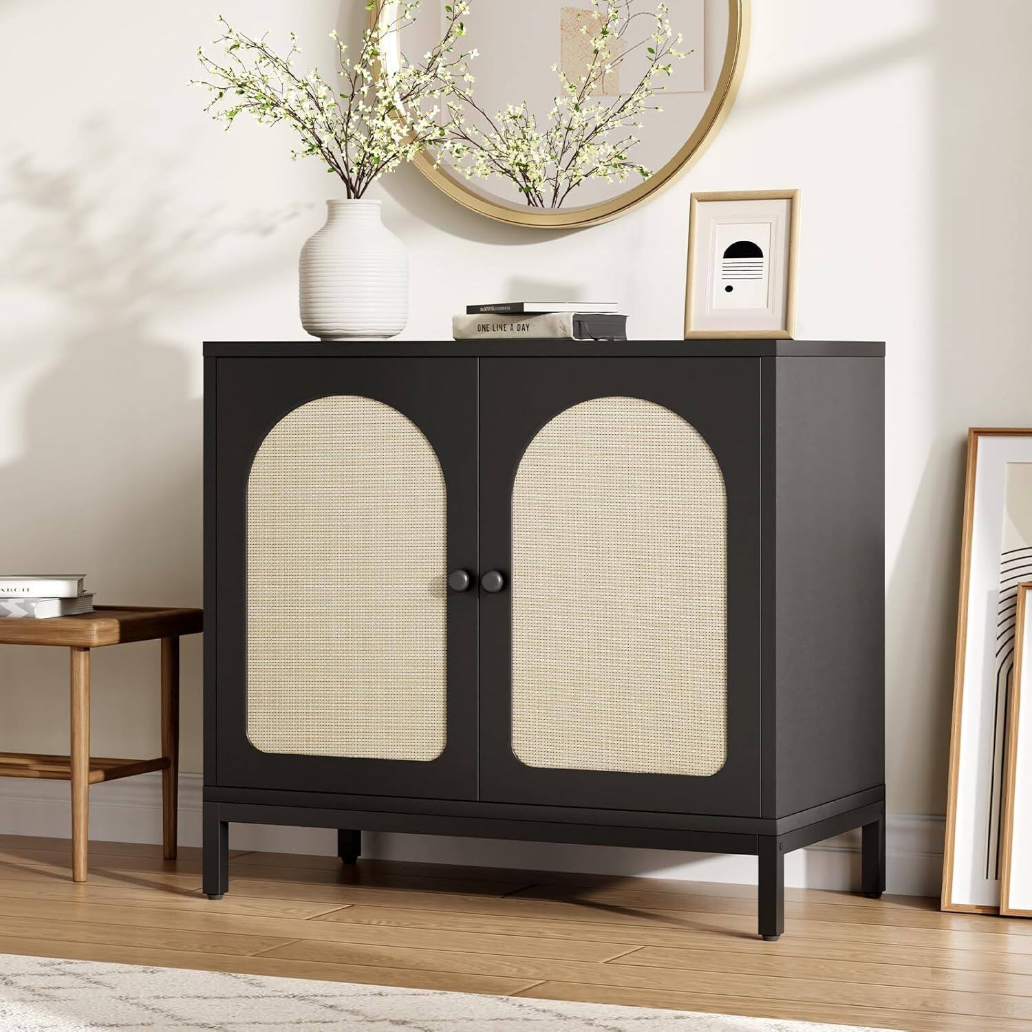 Homhougo- Rattan Sideboard Buffet Cabinet, Entryway Table, Accent Storage Cabinet, Console Table for Hallway, Living Room, Dining- Black
