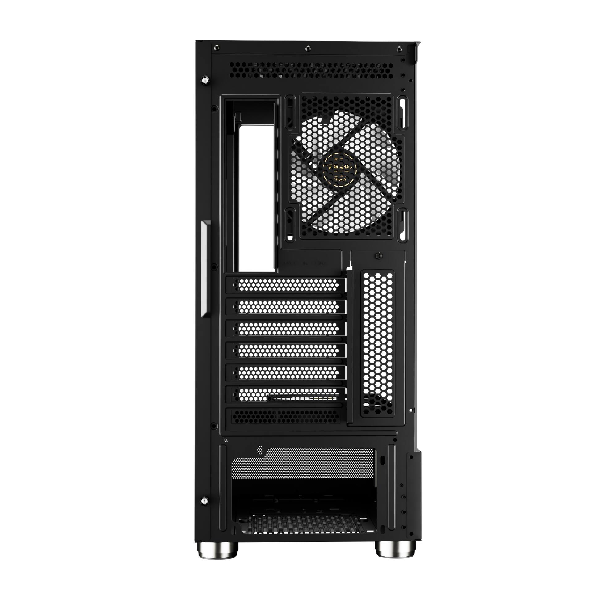 Back. GAMDIAS - ATLAS E1 ATX pc case with CPU/GPU temperature display, Fits GPU 340mm - Black.