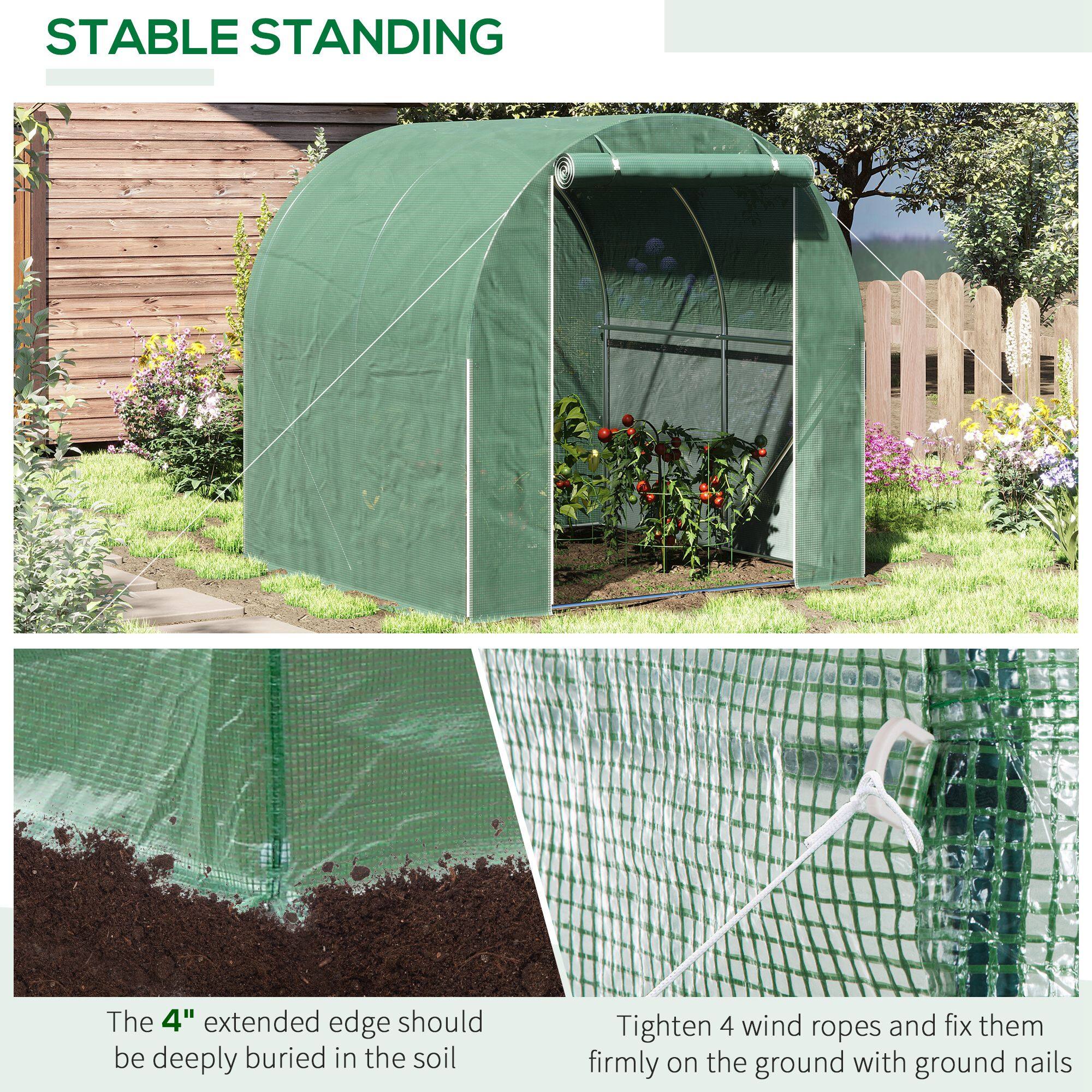 STABLE STANDING

The 4" extended edge should be deeply buried in the soil

Tighten 4 wind ropes and fix them firmly on the ground with ground nails