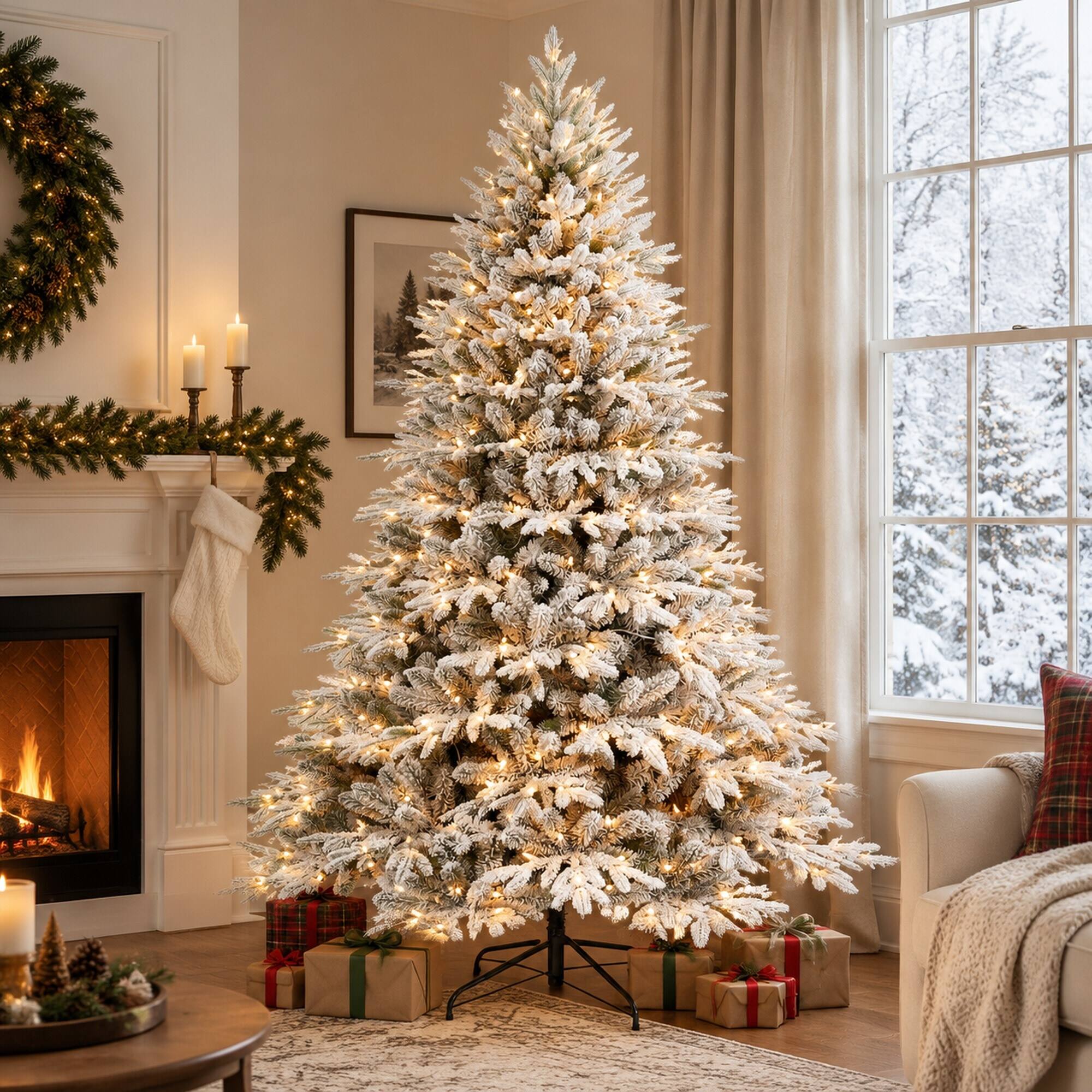 Left. RYHNUYNE - 7.5 Ft Flocked Artificial Christmas Tree With 650 Warm Lights, 3135 Tips Snowy Hinged Foldable Metal Stand Decor - Green,White.