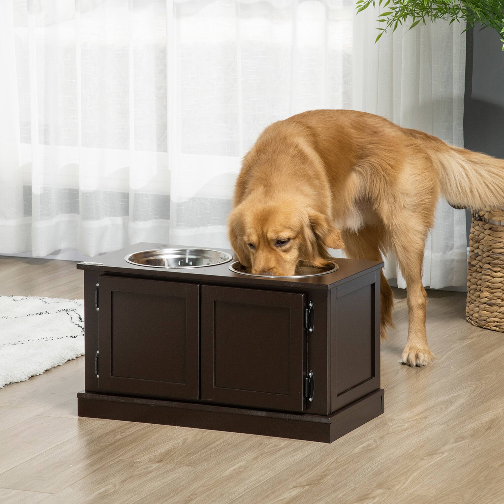 Angle. Pawhut - Elevated Bowls for Large Dogs, Raised Dog Bowls with Storage, Two Stainless Steel Bowls, Indoor Use - Coffee.