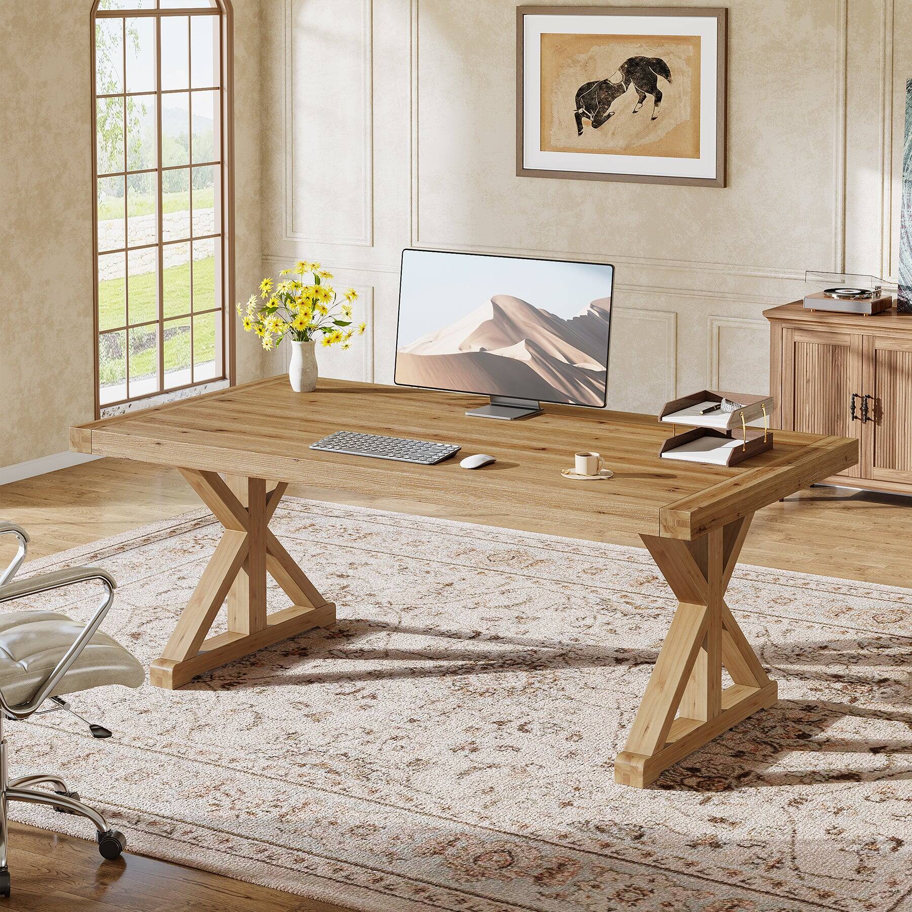 Alt View 2. Tribesigns - Office Executive Desk with Solid Wood Construction, for Computer Work and Writing in Home Offices - Light Brown.