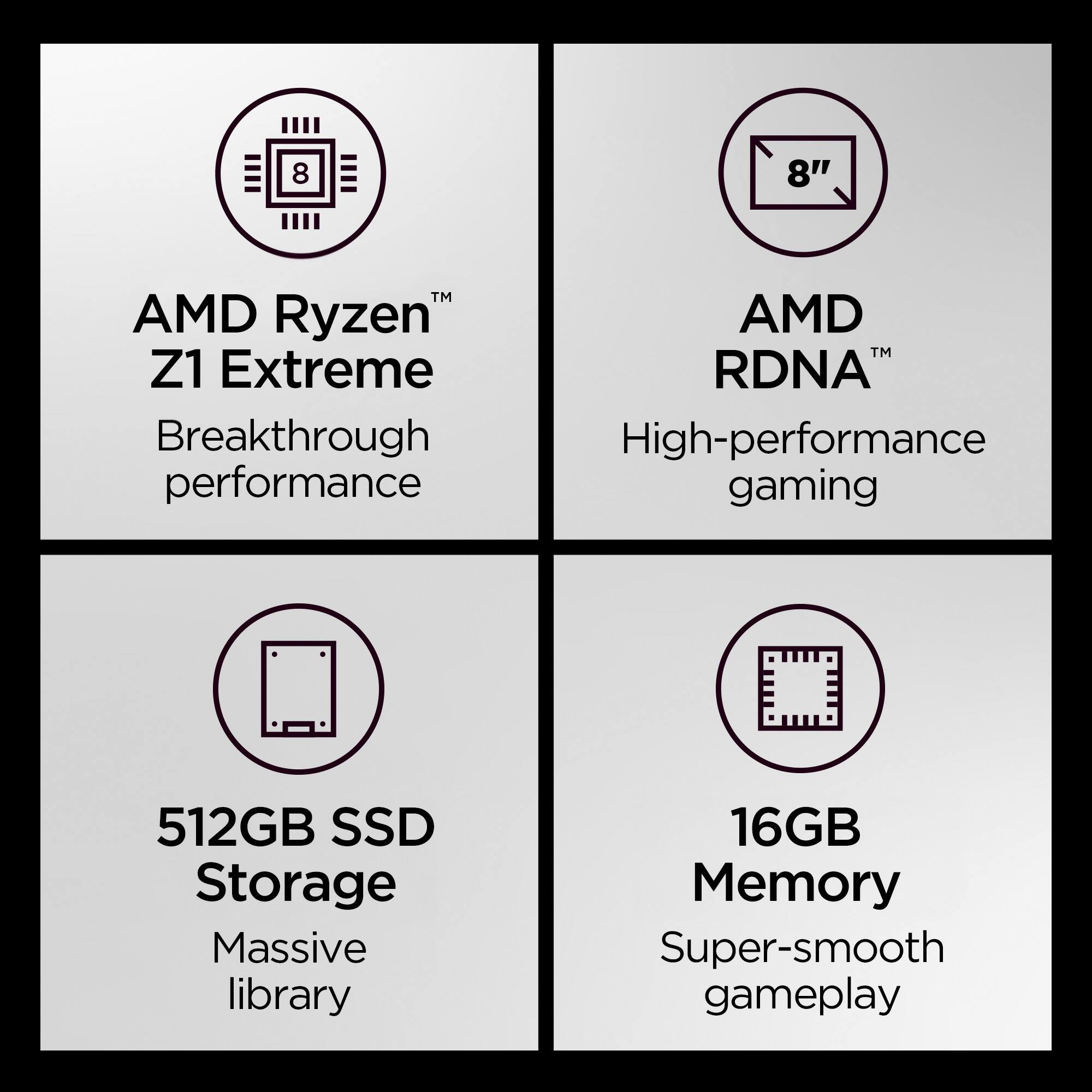 8" AMD Ryzen™ Z1 Extreme  
Breakthrough performance  
AMD™ RDNA™  
High-performance gaming  
512GB SSD Storage  
Massive library  
16GB Memory  
Super-smooth gameplay