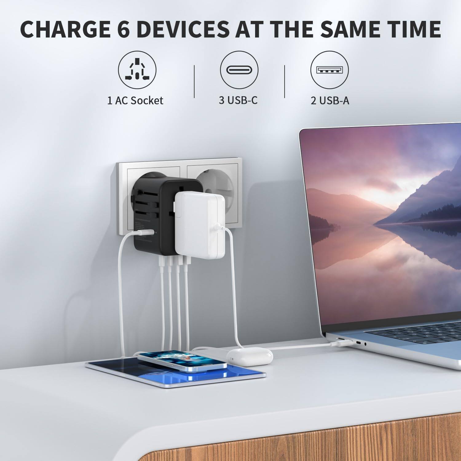 CHARGE 6 DEVICES AT THE SAME TIME 1 AC Socket 3 USB-C 2 USB-A