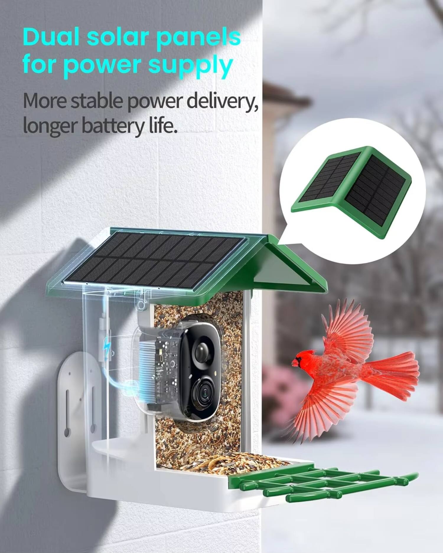 Dual solar panels for power supply  
More stable power delivery, longer battery life.