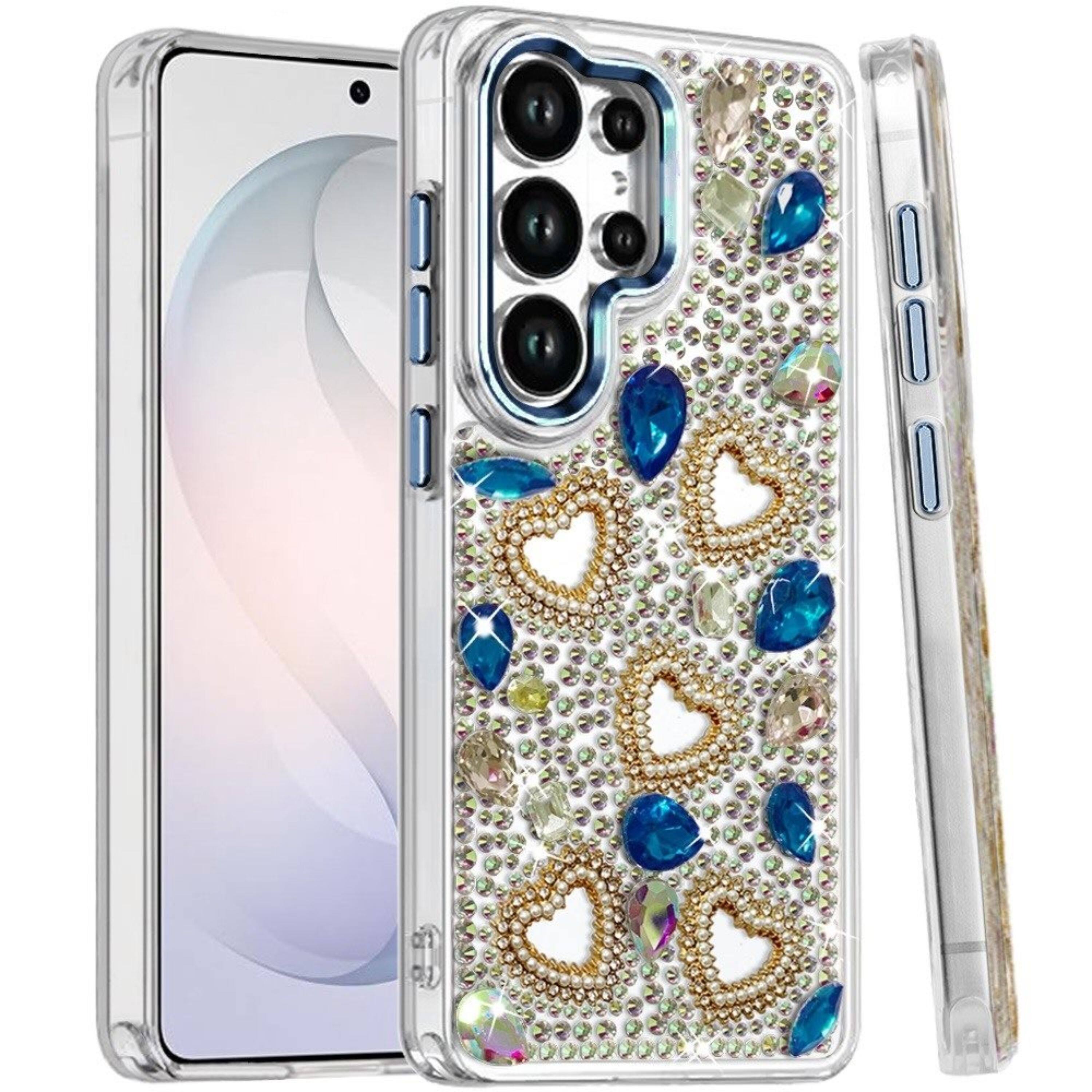 Left. Kitcheniva - Full Bling Hearts 3D Jewel Ornaments Case With Tempered Glass For Samsung Galaxy S26 Ultra Blue - Blue.