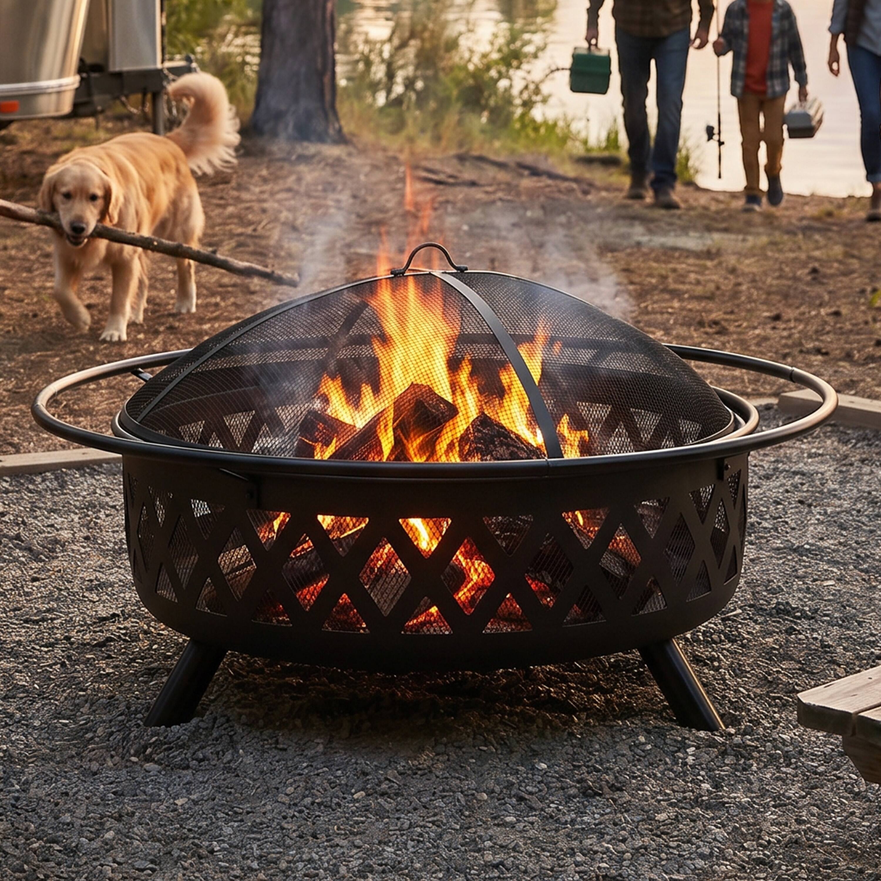 Alt View 9. Sunnydaze - 42 in Crossweave Steel Fire Pit with Screen, Poker, and Cover - Black.