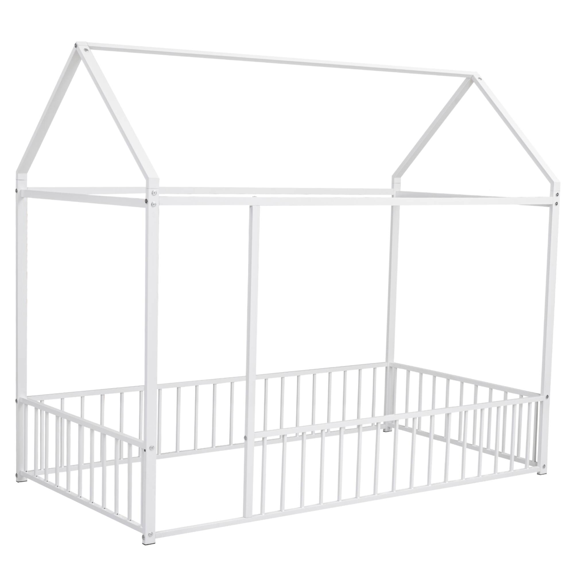Back. GOODSILO - Twin Size Playhouse Bed Frame with Safety Fence for Kids and Teens - Sturdy Metal Construction - White.