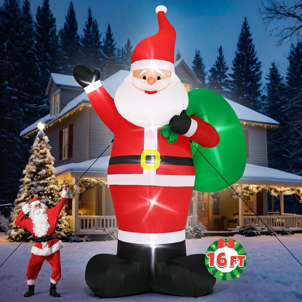 Schertz - 16FT Inflatable Christmas Santa w/ LED Lights, Waterproof Outdoor Yard Decor - Red