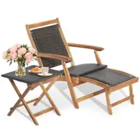Costway 2PCS Patio Rattan Folding Lounge Chair Table Acacia Wood W/Retractable Footrest - Mix Brown,Natural - Front_Zoom