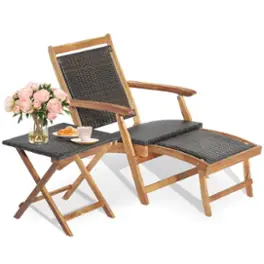 Costway - 2PCS Patio Rattan Folding Lounge Chair Table Acacia Wood W/Retractable Footrest - Mix Brown,Natural