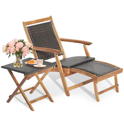 Front. Costway - 2PCS Patio Rattan Folding Lounge Chair Table Acacia Wood W/Retractable Footrest - Mix Brown,Natural.