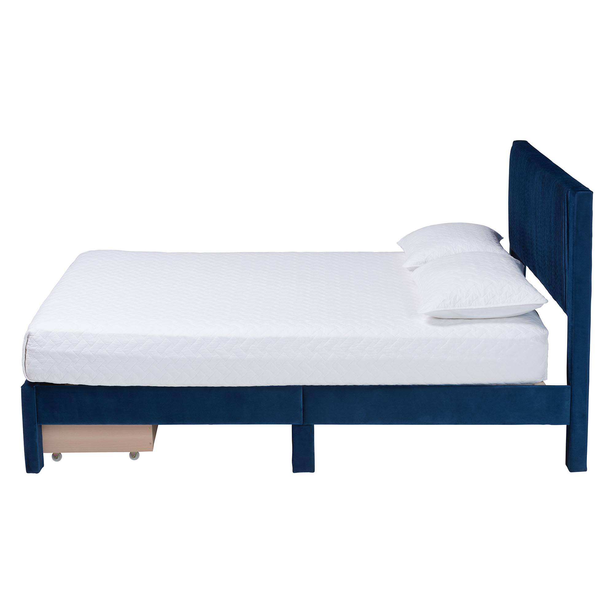 Left. Baxton Studio - Elora Modern Pleated Velvet Queen Size Storage Bed - Navy Blue.