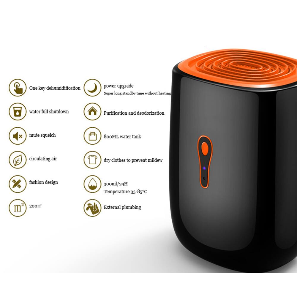 - One key dehumidification
- Power upgrade: Super long standby time without heating
- Water full shutdown
- Purification and deodorization
- Mute squelch
- Circulating air
- Fashion design
- 800ML water tank
- Dry clothes to prevent mildew
- 300ml/24H
- Temperature 35-85°C
- 200m²
- External plumbing