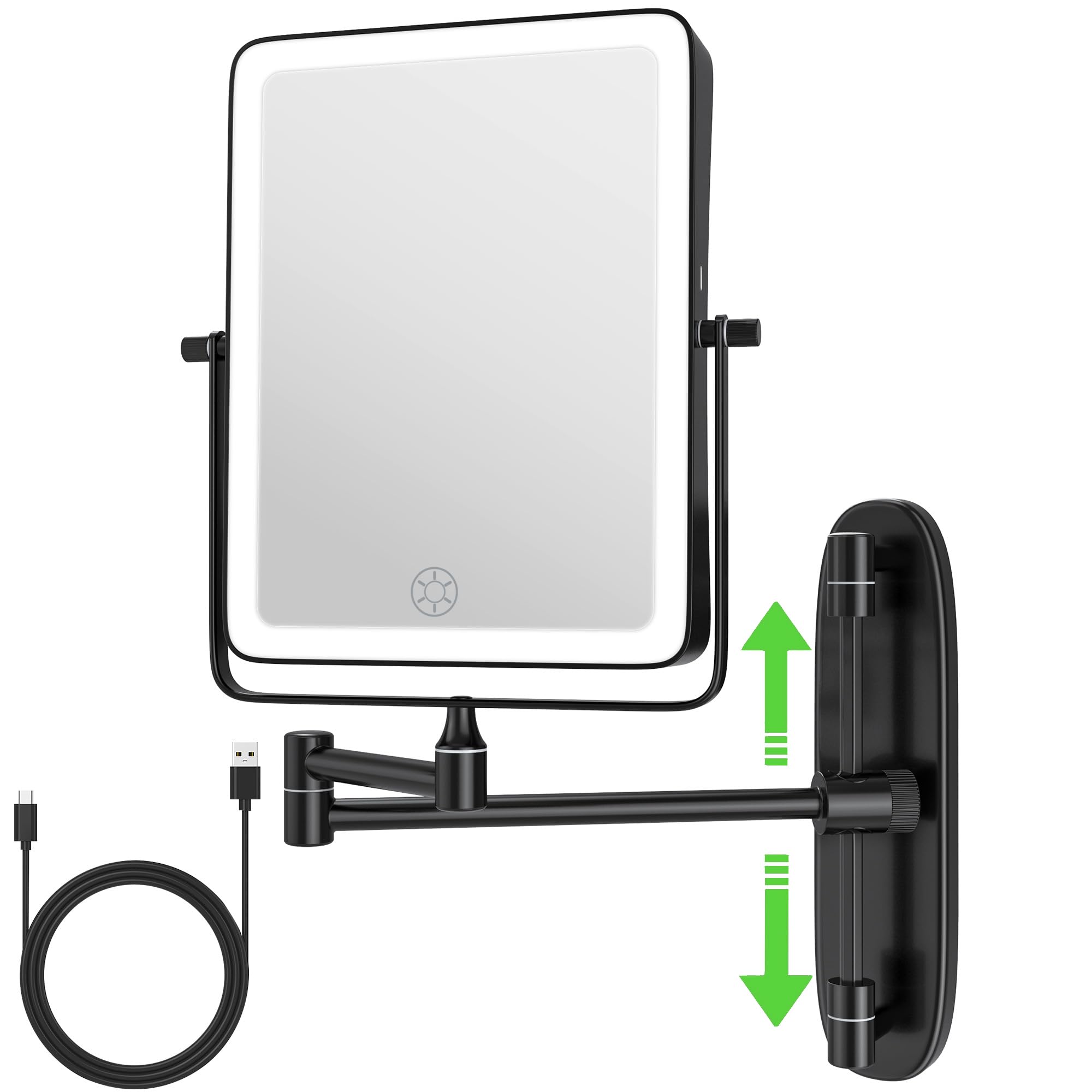 Pacoar Cade - Lighted Makeup Mirror Rectangle Double Sided /Magnifying Bathroom Height Rechargeable Color And Lights Extended Arm - Black