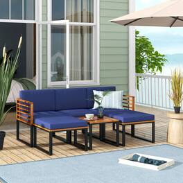 Gymax - 6PCS Patio Conversation Sofa Set Acacia Wood Outdoor Furniture Set w/ Cushions - Navy