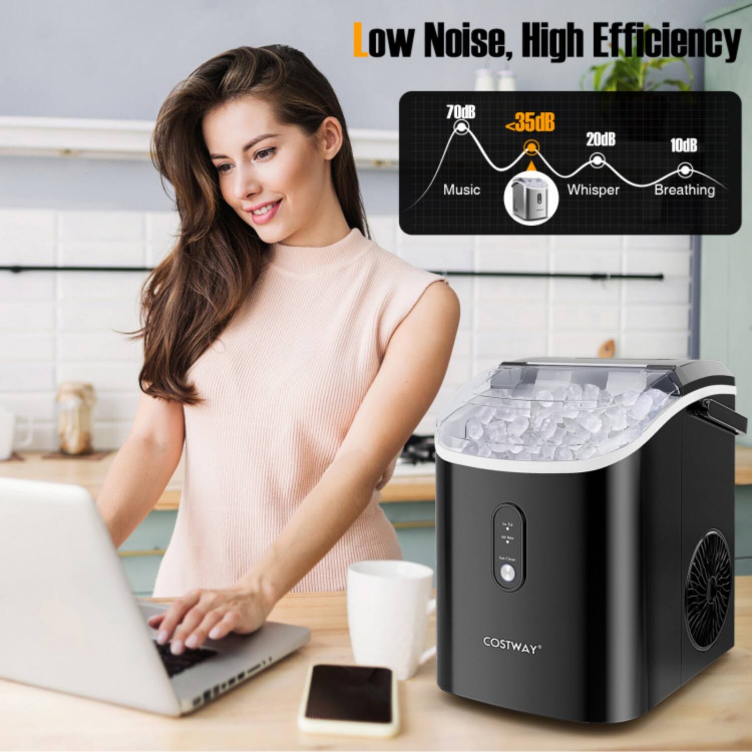 Low Noise, High Efficiency

70dB  
-35dB  
20dB  
10dB  

Music  
Whisper  
Breathing  

COSTWAY