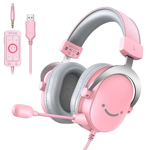 FIFINE - H9 Pink USB Gaming Headset – Over-Ear, 7.1 Surround Sound, Detachable Mic, Control Box, PS5/Xbox/Switch