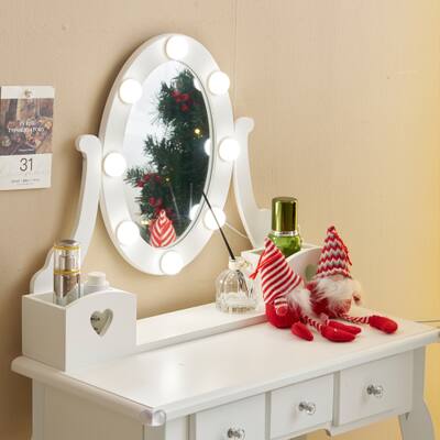 dressing table fairy lights COMHOMA White Vanity Desk with Mirror and Lights, Hairdryer Holder, 5 Drawers, Bedroom Dresser Table for Girls