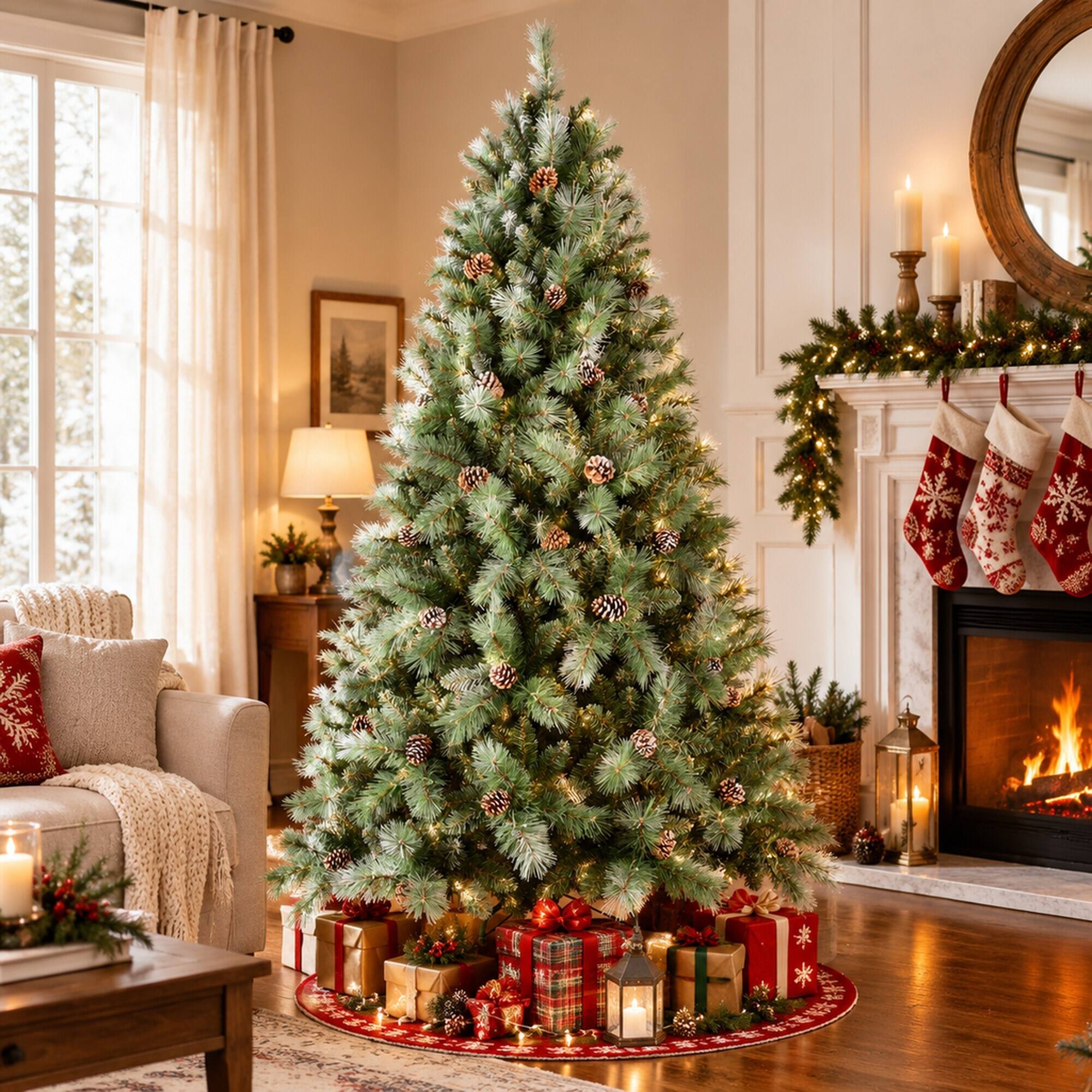 Angle. RYHNUYNE - 8 Ft Full Artificial Christmas Tree With 102 Pine Cones 1858 Tips, Mixed Hard Needle Branches Metal Stand Decor - Green.