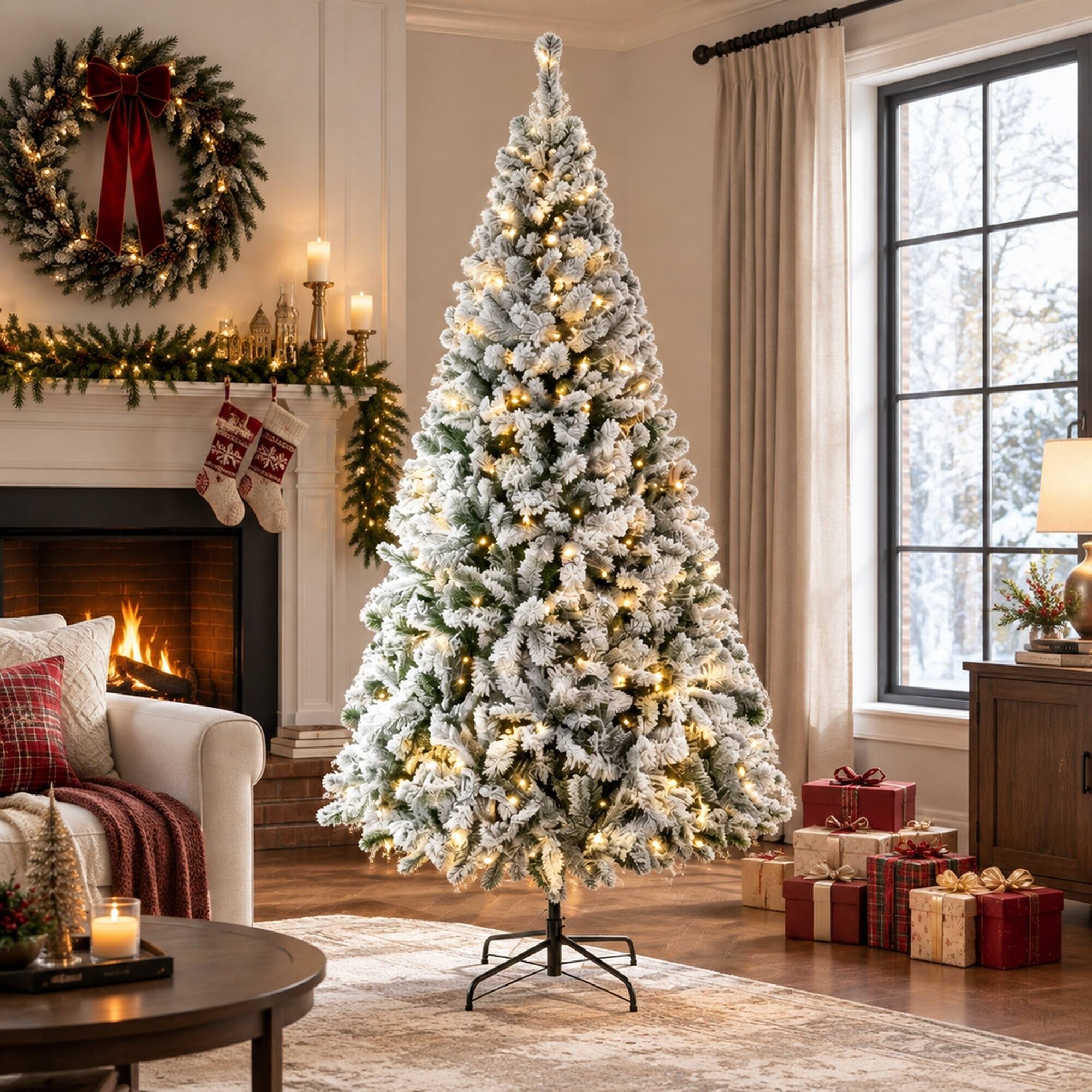 Left. RYHNUYNE - 7.5FT Pre-Lit Flocked Fraser Fir Christmas Tree With LED Lights and Hinged Branches, Foldable Metal Base - Green.