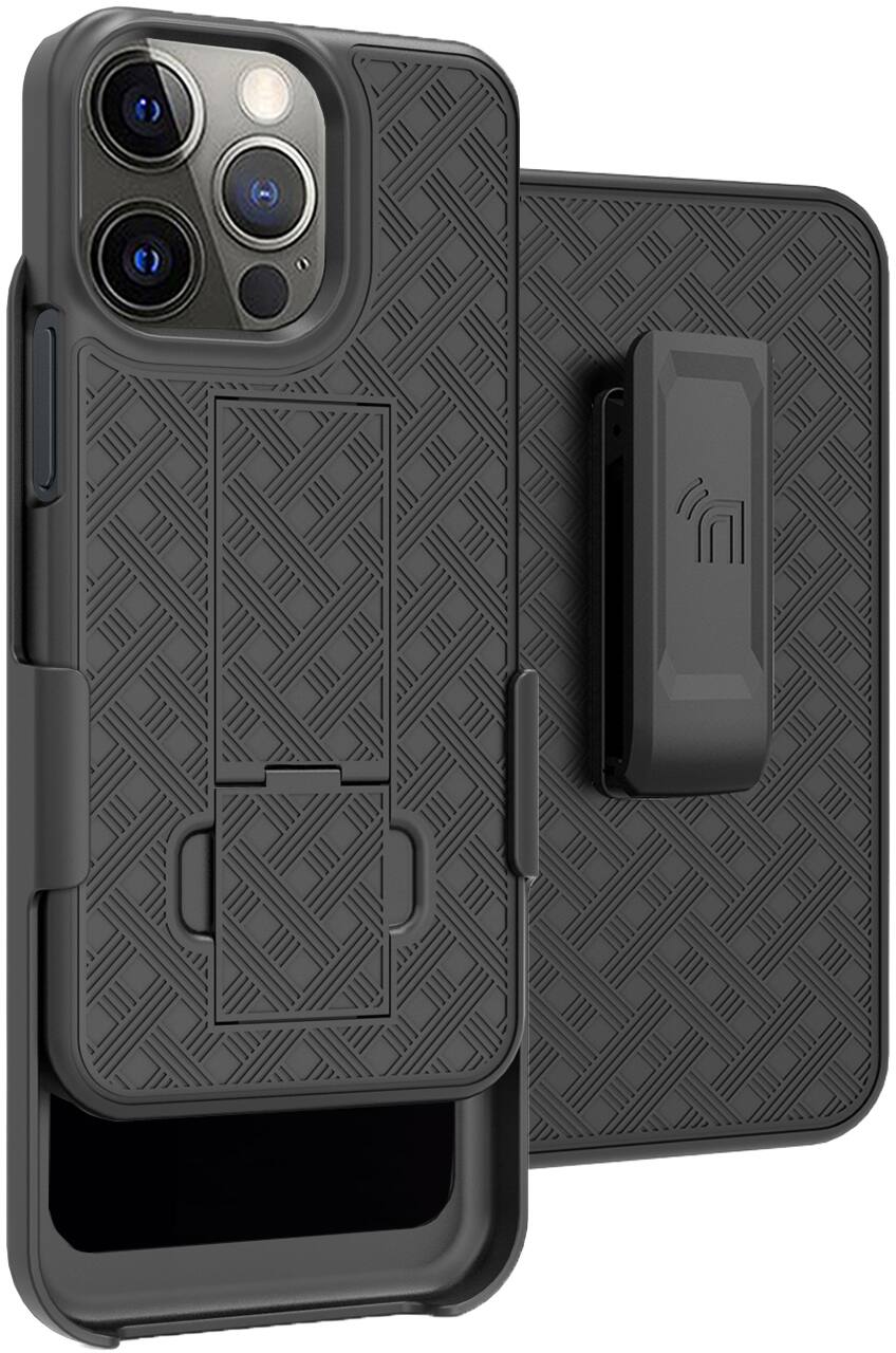 Front. Nakedcellphone - Slim Case with Stand and Belt Clip Holster for Apple iPhone 13 Pro Max - Black.